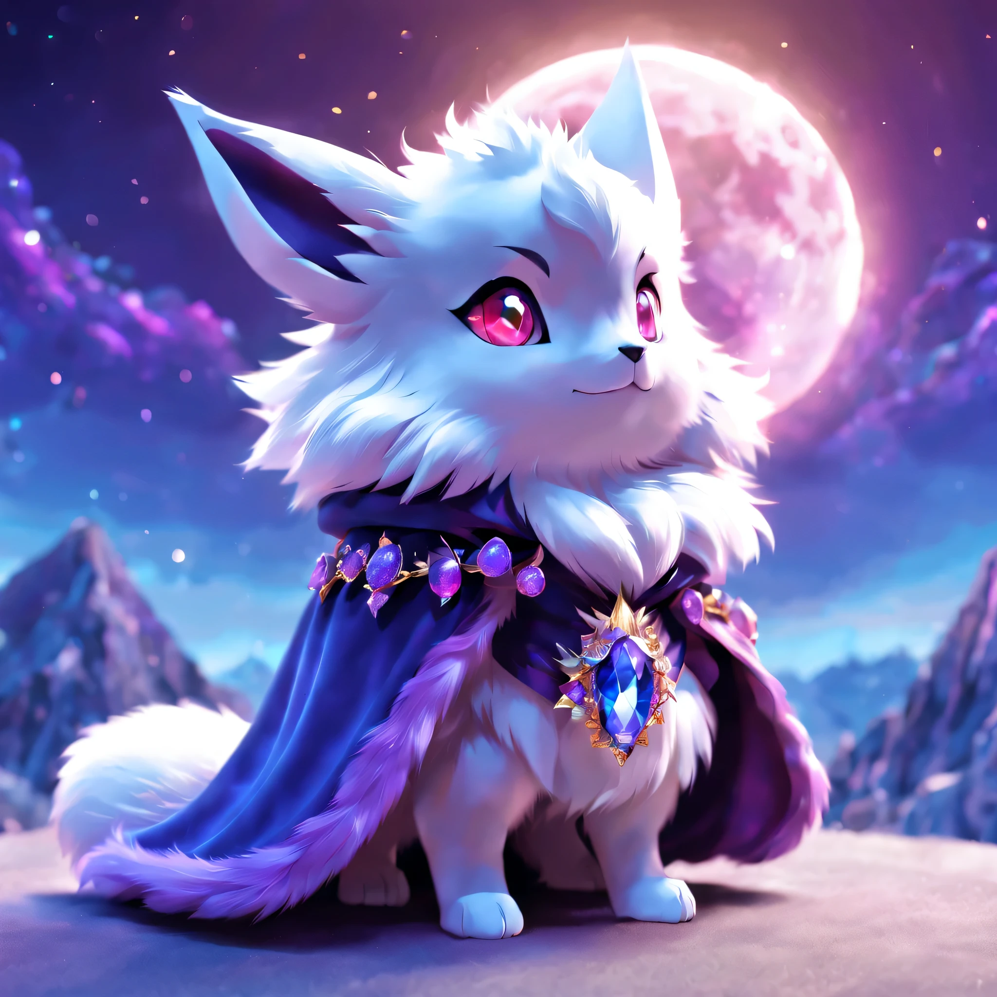 pal world nox,whole body,((blue fur)),(purple short cloak),brooch:head of state:purple gem,animal,cute,red eyes,masterpiece,beautiful light and shadow,Cast colorful spells,rich colors,3D,8K,nice,be familiar with,Night sky background,moon,,magical lights,magic effect,Sparkling