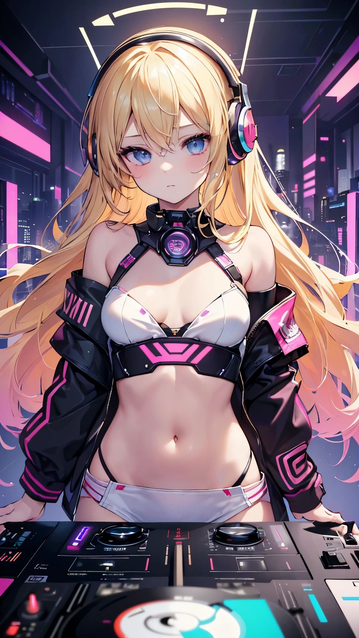 (masterpiece),((highest quality)),(official art),(beautiful and luxurious:1.2),(1 girl:1.3),Play Beauty,small breasts,((blonde beauty)),((DJ Equipment)),((headphones)),Beautiful DJ woman with cyberpunk image,((DJ Touch Mixer)),Detail view。Bright colors。Colorful、most detailed ((Super detailedな)),(Highly detailed 2D illustrations),((very delicate and beautiful))Super detailed