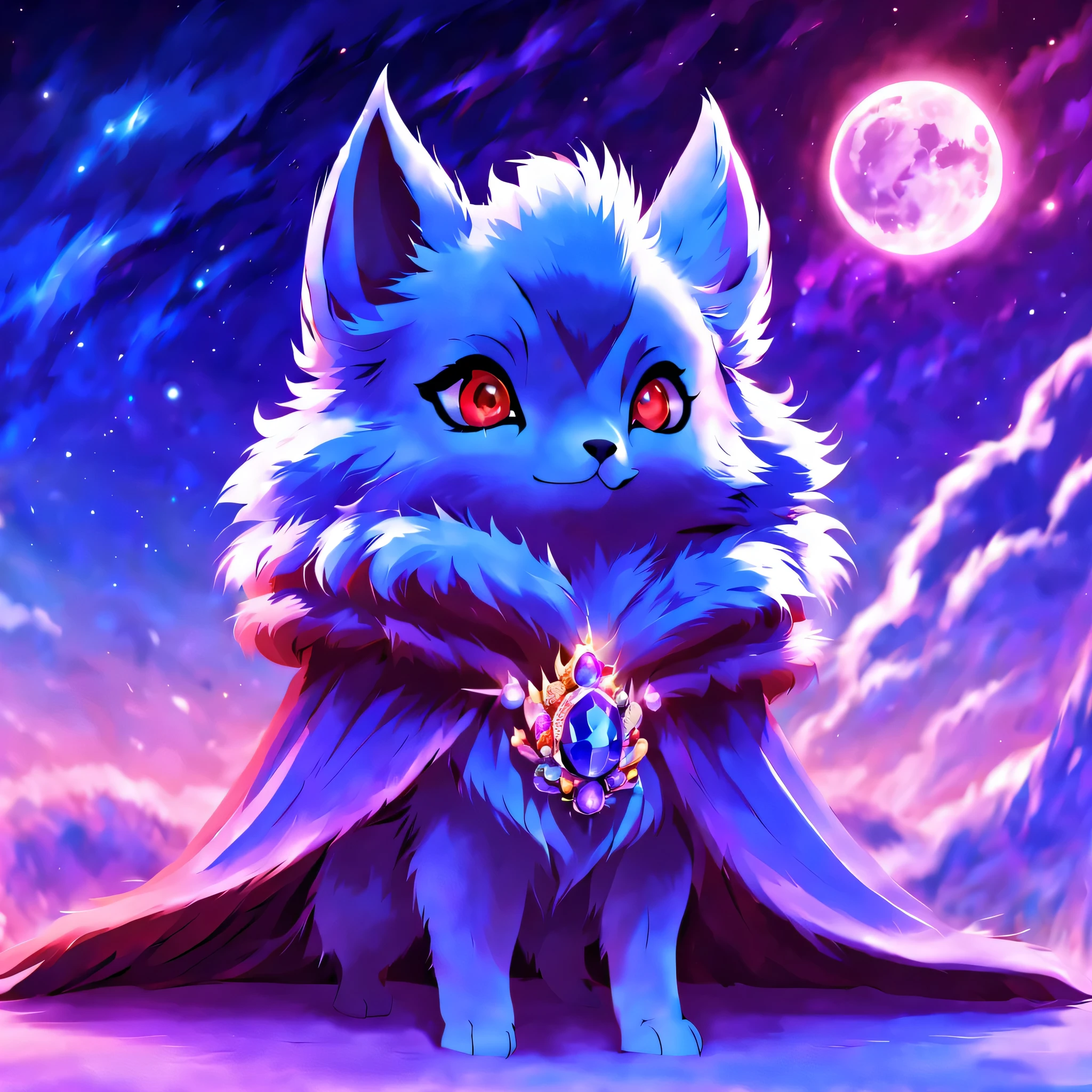 pal world nox,whole body,((blue fur)),(purple short cloak),brooch:head of state:purple gem,animal,cute,red eyes,masterpiece,beautiful light and shadow,Cast colorful spells,rich colors,3D,8K,nice,be familiar with,Night sky background,moon,,magical lights,magic effect