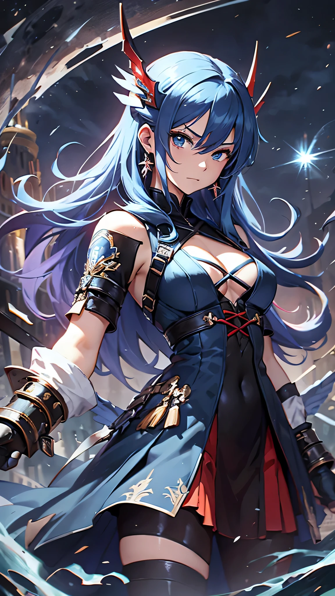最high quality、best image quality、masterpiece、teenage girl((18-year-old、 By becoming、vest bust、medium bust,wide open breast tea、black eye, light blue hAria、Red mesh、long hAria、thin,highest valley、Red and blue dress、holding a red sword in his right hand、Glowing red wings,Aria、splatters、slash pose、scream、He holds a red sword in his left hand.、angry face、leaning forward)),high quality、beautiful art、background((outer space、battlefield、Burning Town、fire、inflammation、A large number of missiles rain down))瓦礫がsplatters、Depth of written boundary、movie、visual art、perfect art、8K,genuine