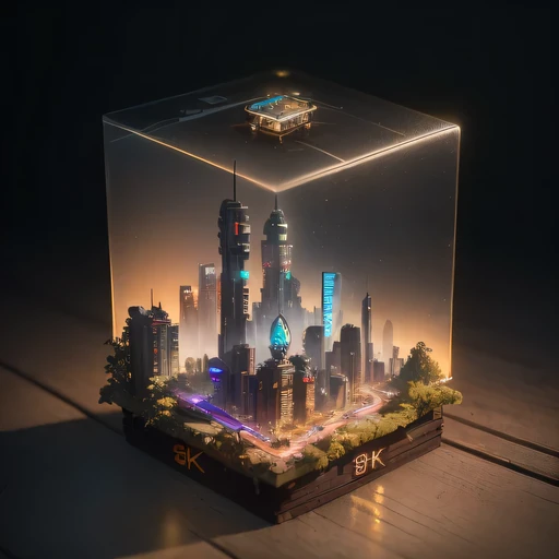 small realistic model, (8k, original photo, best quality, masterpiece:1.4),SteampunkCyberpunk1929 City,(Cyberpunk light:1.3),on the table,horizon (related to land),(in a small nature box:1.3),Isometric, small nature, landscape on foundation,landscape,