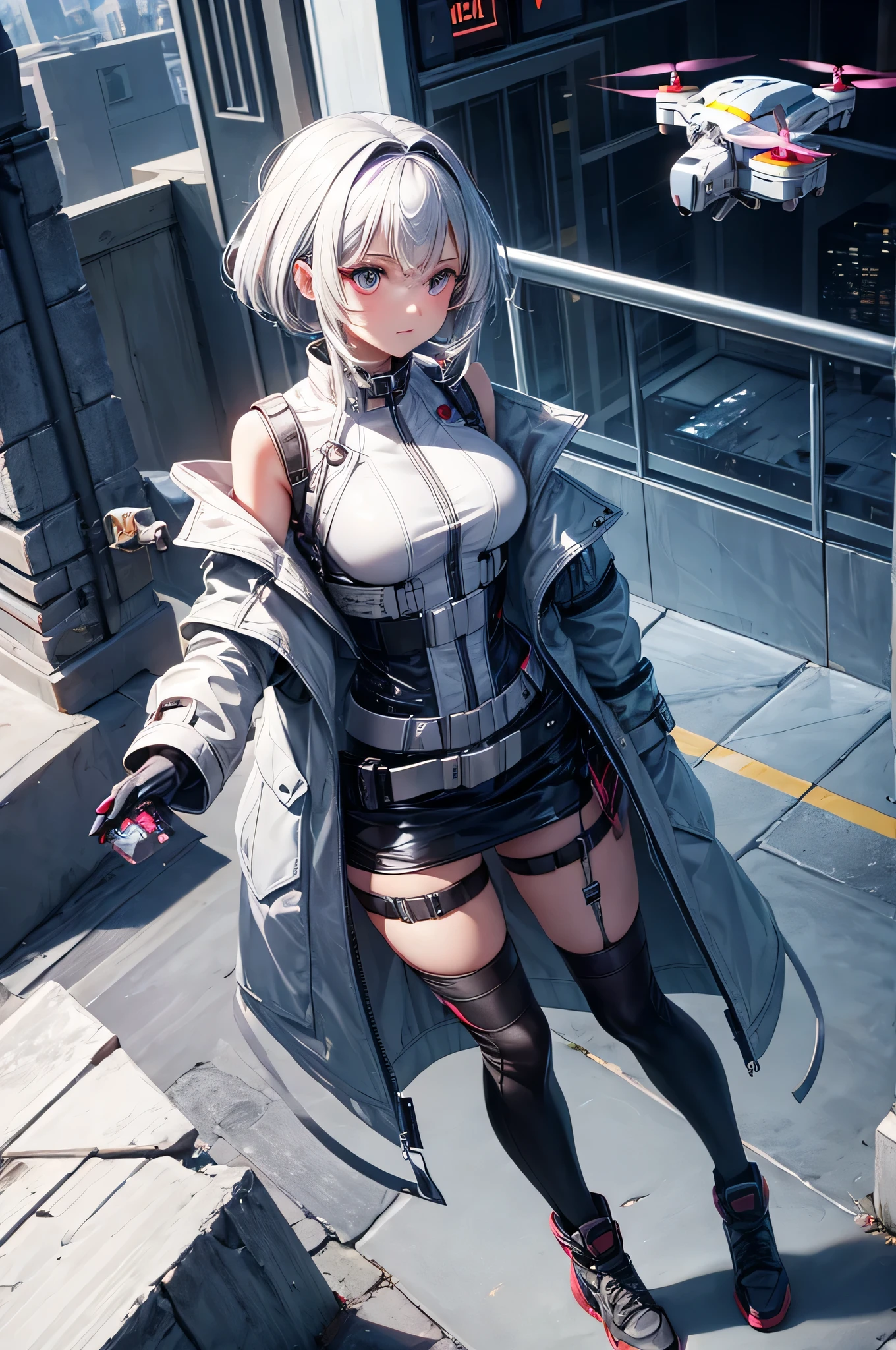 A girl with bionic eyes and silver hair with neon highlights, wearing a futuristic trench coat and carrying a pet drone on his shoulder, explorando os telhados da cidade