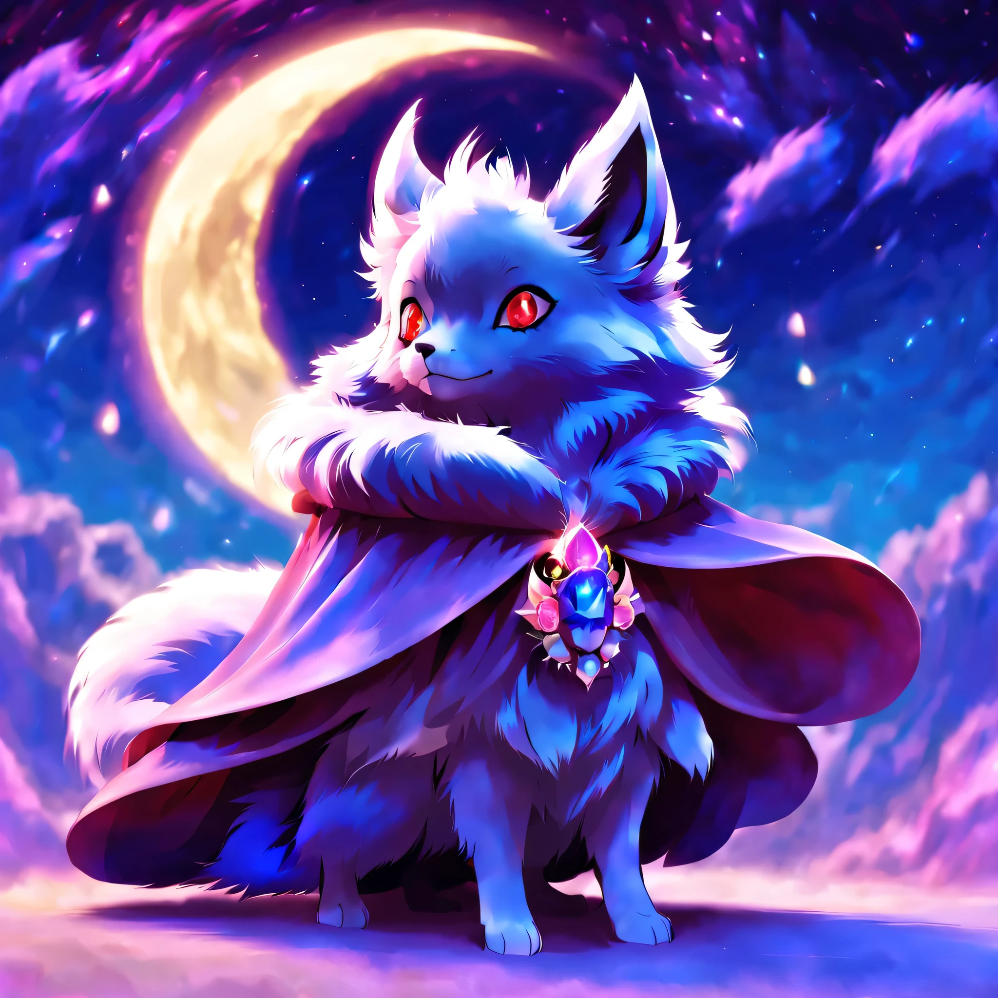 pal world nox,whole body,((blue fur)),(purple short cloak),brooch:head of state:purple gem,animal,cute,red eyes,masterpiece,beautiful light and shadow,Cast colorful spells,rich colors,3D,8K,nice,be familiar with,Night sky background,moon,,magical lights,magic effect