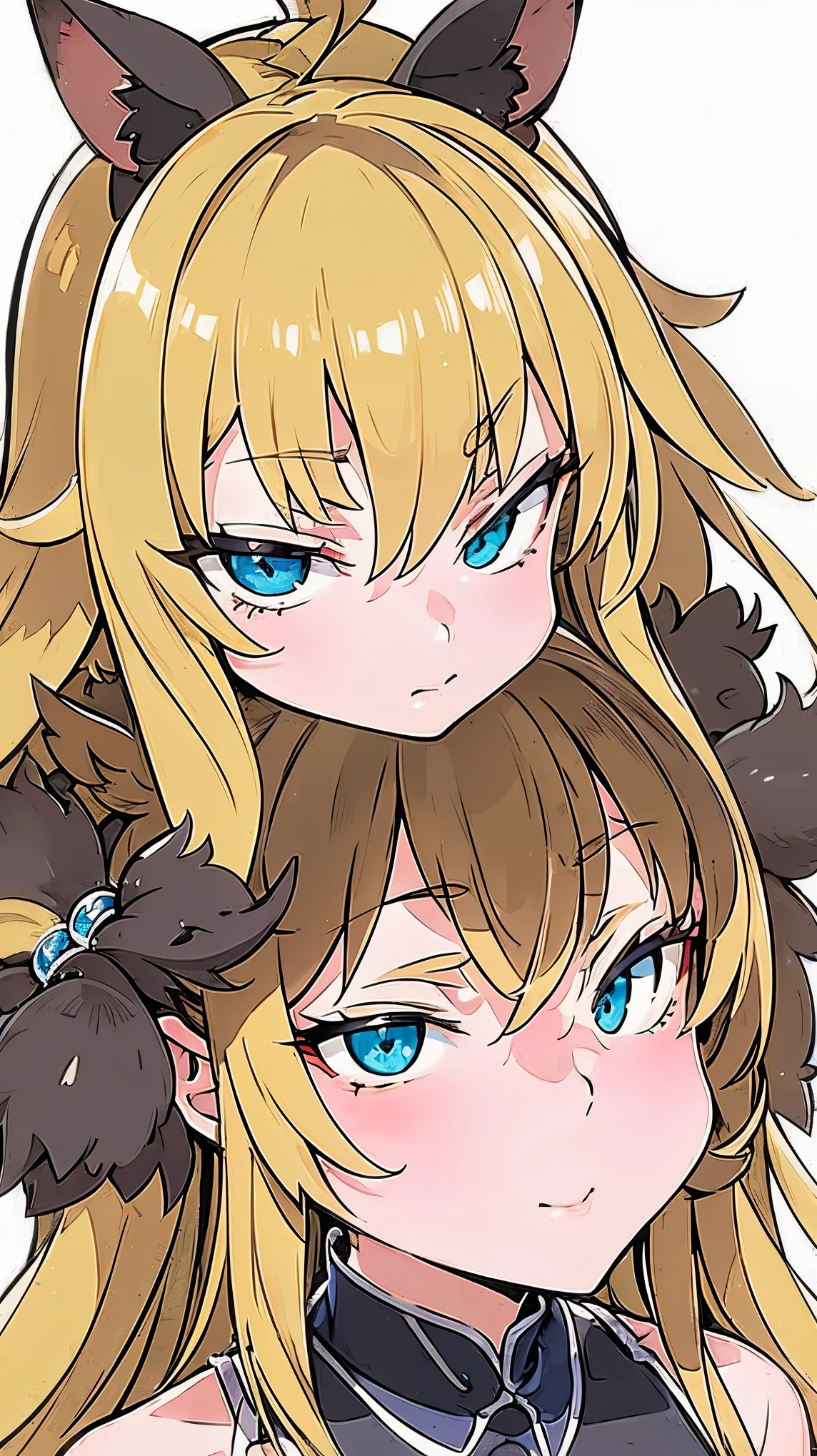 futanari, woman with cat ears and a black tail, brown hair, light green eyes, naked, being pleasured by her friend, a blond man with dog ears and a toned body.