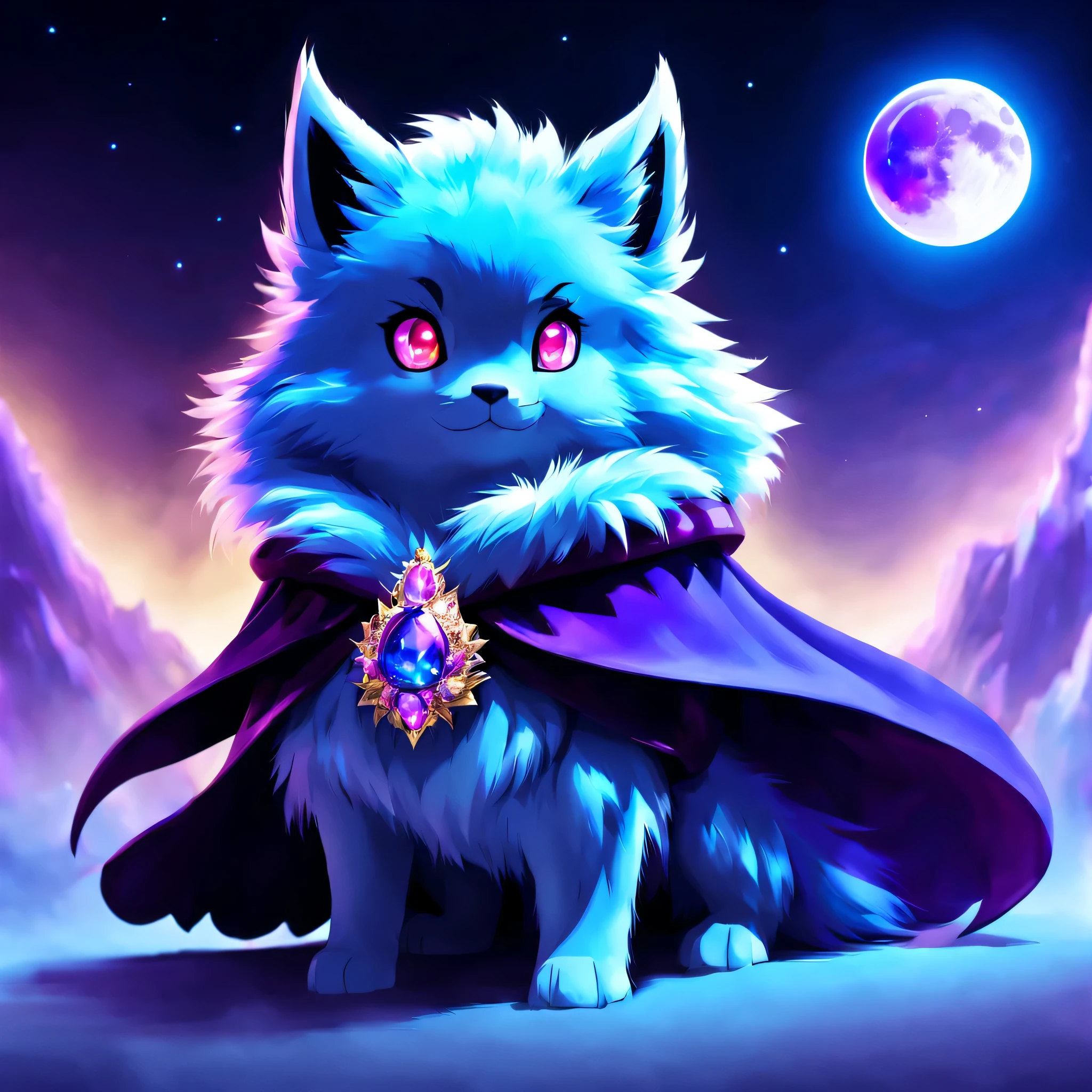 pal world nox,whole body,((blue fur)),(purple short cloak),brooch:head of state:purple gem,animal,cute,red eyes,masterpiece,beautiful light and shadow,Cast colorful spells,rich colors,3D,8K,nice,be familiar with,Night sky background,moon,,magical lights,magic effect