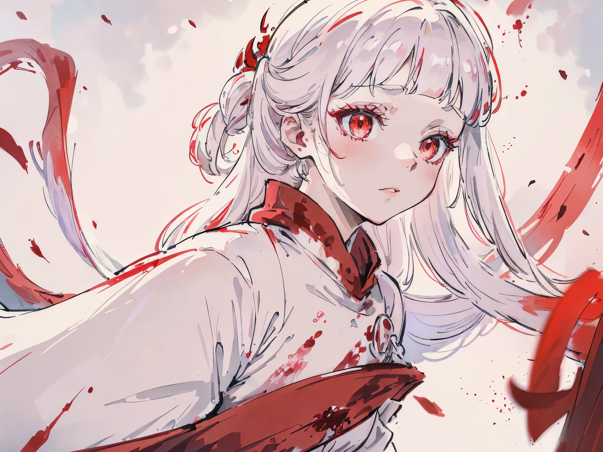 Virtuous person, goddess of light, blood mist, white hair, ruby ​​red eyes, pinkish white skin, wearing a white dress stained with red blood, surrounded by a blood cloak, anime girl, Fog, medieval
