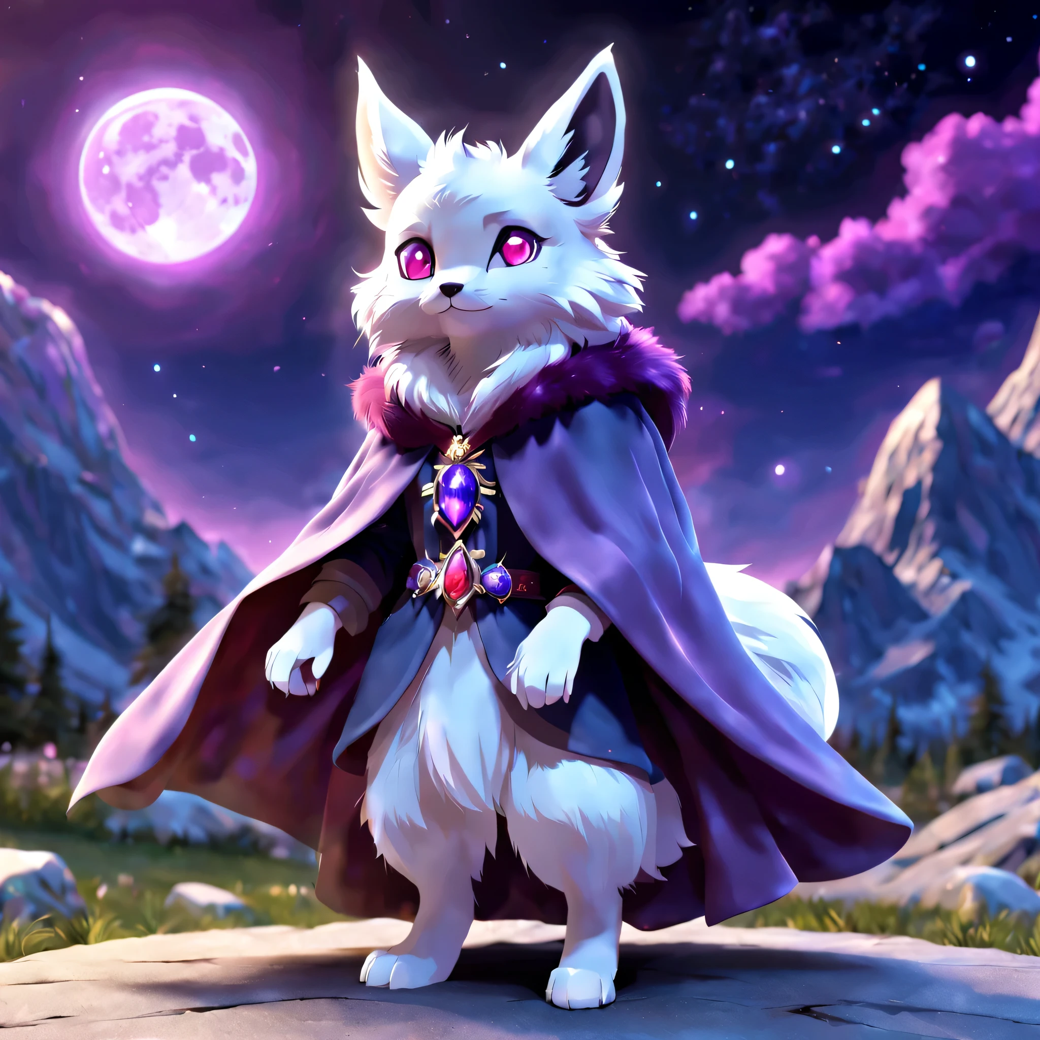 pal world nox,whole body,((blue fur)),(purple short cloak),brooch:head of state:purple gem,animal,cute,red eyes,masterpiece,beautiful light and shadow,Cast colorful spells,rich colors,3D,8K,nice,be familiar with,Night sky background,moon,,magical lights,magic effect