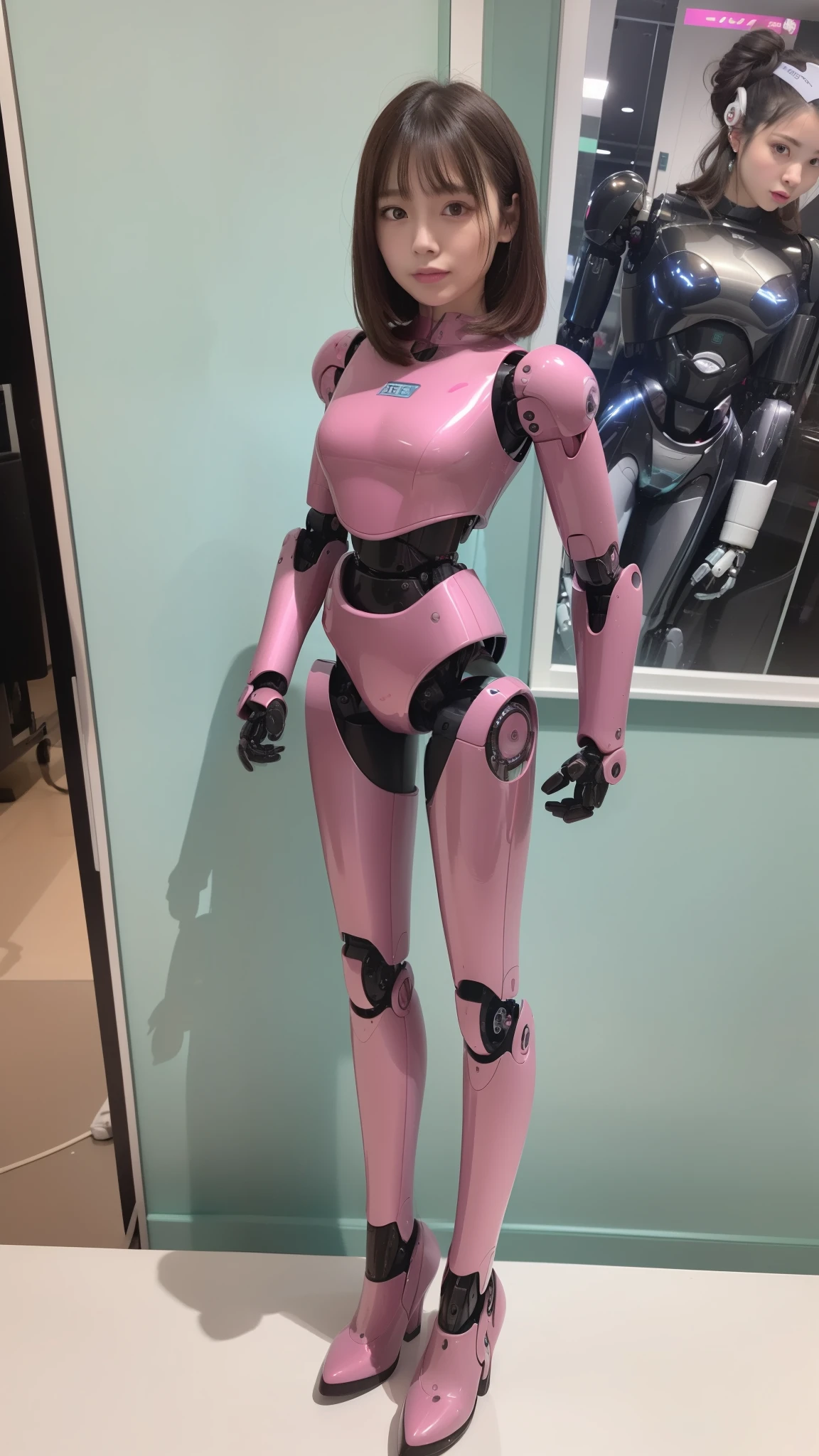 (Photorealsitic:1.4)、one robot woman、(top-quality)、(hyperdetailed face)、(Super well-formed face)、(Robot Parts)、(Female-Robot)、(25 years-old)、(Blue)、(pink there)、(Burgundy)、(metallic)、(full-body)、(sexy pose)、(Slender body)、(Model body type)、(full body mech)、(mechanical exposure)、(Akihabara)、(is looking at the camera)、(A dark-haired)、(Well-proportioned lady)、(a small face)、(a small head)、(well-groomed fingers)、(Idol)、(front facing)、(Standing with legs open)、(Photo session)、(Looks sad)、(perfect-female-robot)、(perfect-mechanical-body)