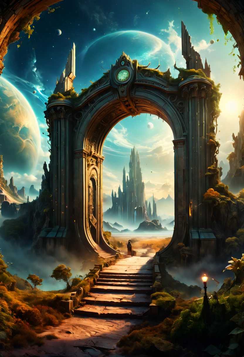 Forgotten gateway, huge magical entrance to unknown time and space, a dragon hovering on the door, chinese ink painting, matte painting, surreal epic scenes, mystery fantasy art, ethereal atmosphere, space light, panoramic view, (best quality, masterpiece, Representative work, official art, Professional, high-definition details, 8k)