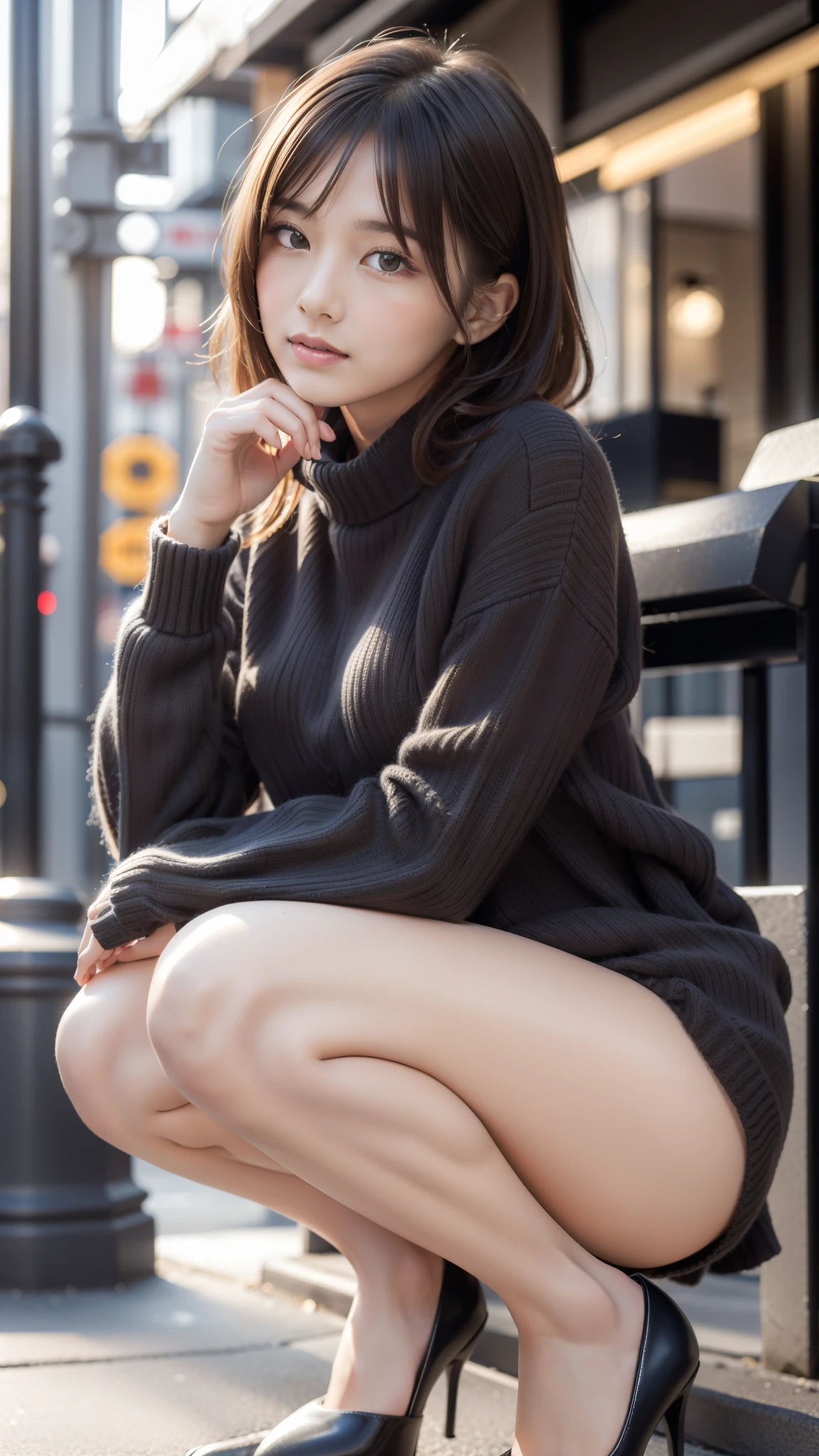 Photo taken by a professional photographer,Close-up of a woman squatting on the sidewalk with her legs crossed, kiko mizuhara, wearing a sweater, Shirahime cut brown hair, wearing a sweater, young and cute girl, japanese model, 白いwearing a sweater, Chiho, ランダムカラーのカジュアルなwearing a sweater,Cute ide waves with short hair, a cute young woman, cute young woman, black pantyhose,black tights,black high heels,