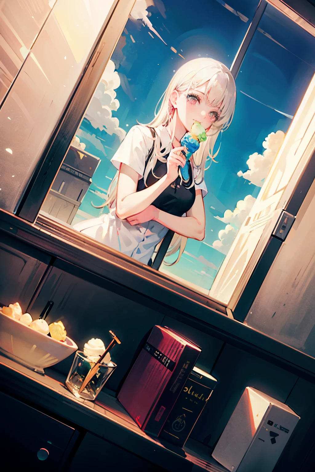 (masterpiece:1.5, best quality:1.5), ((VaporWave style, partially coloring)), close-up, from above, cinematic angle, (((vanilla))), 
1girl, solo, cute smile, (hold a vanilla ice cream), gemstone decoration, long_hair, in ice cream shop, dolls were in a mess, decadent life, 
pole outside the window, sunset outside the window, street outside the window, the sunset outside the window,