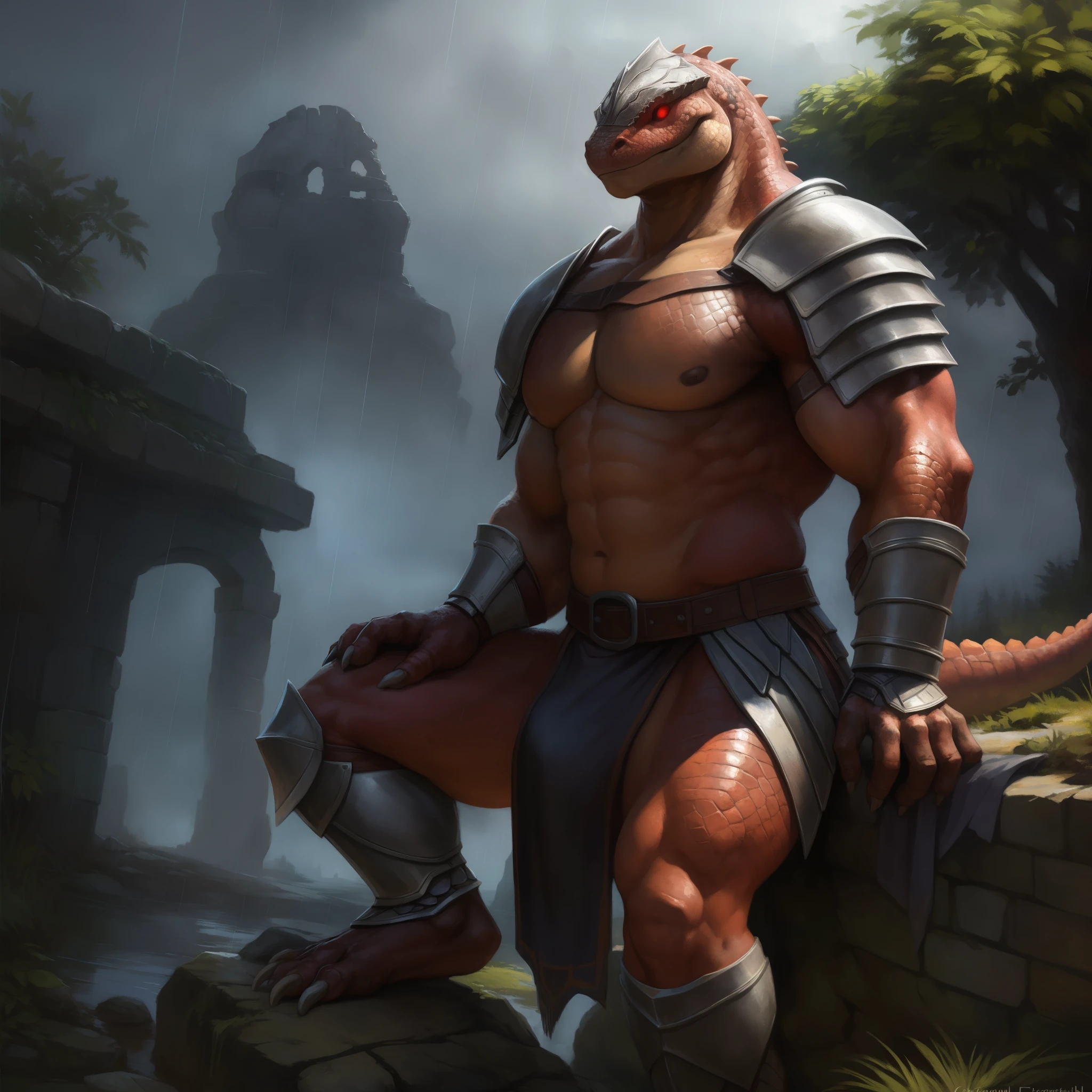 stone ruins, raining, under bridge, sitting, natural pose, penis outline, (ultra detailed), a beautiful and detailed full size portrait of a male anthro reptile, lizard (red body, black skin), tree (scales, detailed scales, muscle anthro, buff, big pecs, gladiator armor), black loincloth, big crotch, armor leg wear, armor, knight helmet, armor gloves, warrior weapon, glowing eyes, red eyes (glowing), non-mammal breasts, looking at viewer, bedroom_eyes, detailed eyes, big body, sexy body, goddess, big crotch, crotch apron, balls outline, sword belt, sword strip, kenket, Ross Tran,ruan jia, trending on artstation,foxovh, cenematic lighting, big breaths, big , hands on chest, smile, detailed background, day, side view, empty eyes, foreskin, tan body, tan scales, empty eyes, wet, night, big body, translucent loincloth, unconvincing armor, warrior, gladiator, thick thighs, warrior costume, lizard tail, full body, big butt,
