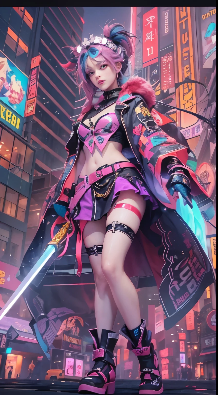 masterpiece, highest quality, Wearing unique Harajuku-style clothes,The pink color stands out,Bold colors and patterns, eye-catching accessories, Trendy and innovative hairstyles, bright makeup, Cyberpunk dazzling cityscape, skyscraper, neon sign, led lights, Bright and vivid color scheme, anime, figure, fine skin texture, fine cloth texture, intricate details, Super detailed,low angle, full body, Distant view(looking away:1.4),dynamic pose hand holding a sword gripping sword in hand.