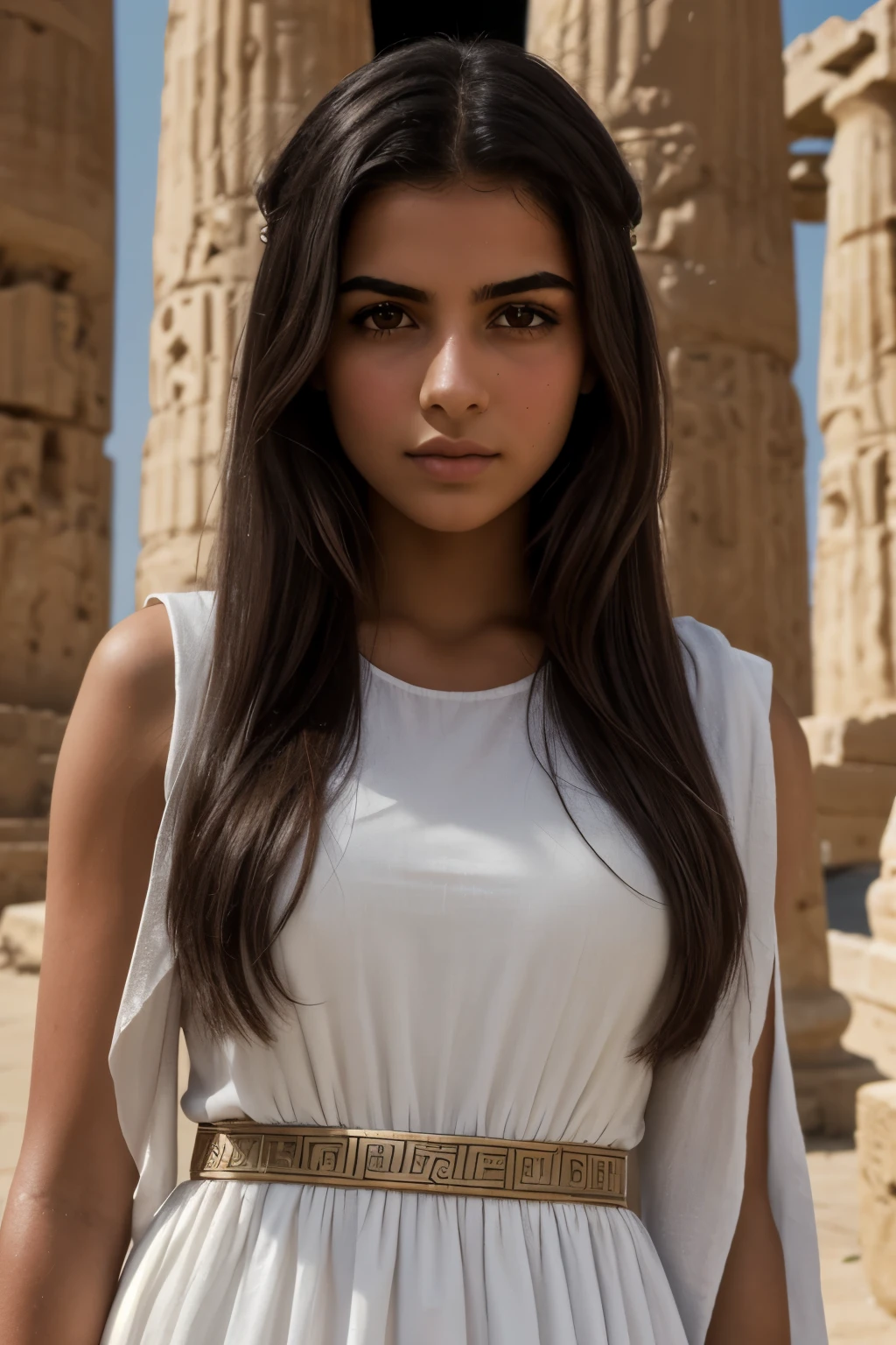 8k,hd,masterpiece,high quality,extremely detailed,((close up zoom)),close shot,fantasy settings,ancient civilization,1girl,egypt race,greek girl,teenager,middle eastern,olive skin color,dark hair,peasant,wearing white chiton dress,greek chiton cloth,plain dress,poor people,greek mythology,ancient city.