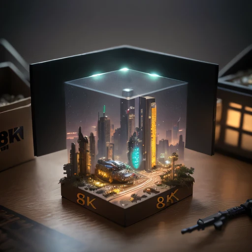 small realistic model, (8k, original photo, best quality, masterpiece:1.4),SteampunkCyberpunk1929 City,(Cyberpunk light:1.3),on the table,horizon (related to land),(in a small nature box:1.3),Isometric, small nature, landscape on foundation,landscape,