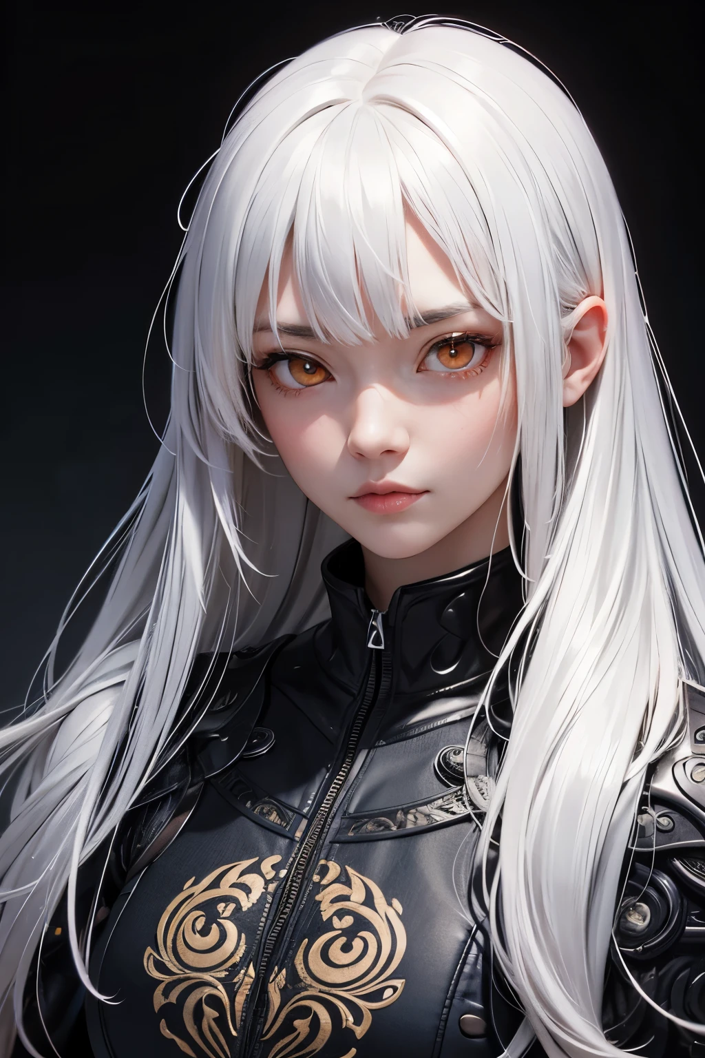 style of Tsutomu Nihei,(incredibly absurdres, (high resolution:1.18), intricate detail, (masterpiece:1.1), (highest quality:1.1), absurdres),(1girl, portrait, white hair, orange eyes, long hair, detailed eyes),