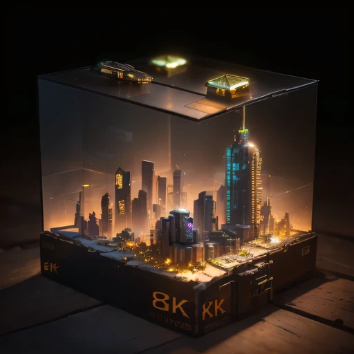 small realistic model, (8k, original photo, best quality, masterpiece:1.4),SteampunkCyberpunk1929 City,(Cyberpunk light:1.3),on the table,horizon (related to land),(in a small nature box:1.3),Isometric, small nature, landscape on foundation,landscape,