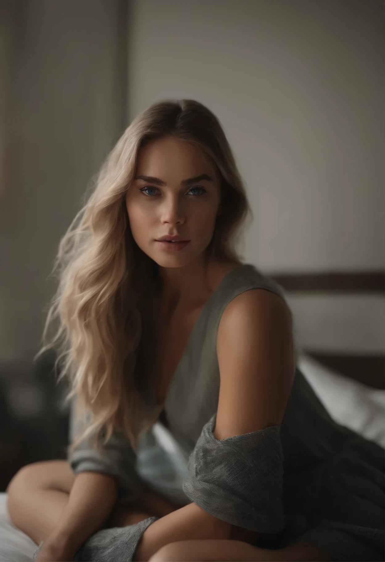 arafed woman fully , sexy girl with blue eyes, ultra realistic, meticulously detailed, portrait sophie mudd, blonde hair and large eyes, selfie of a young woman, bedroom eyes, violet myers, without makeup, natural makeup, looking directly at the camera, face with artgram, subtle makeup, stunning full body shot kneeling on bed, in bedroom, medium to large size bust