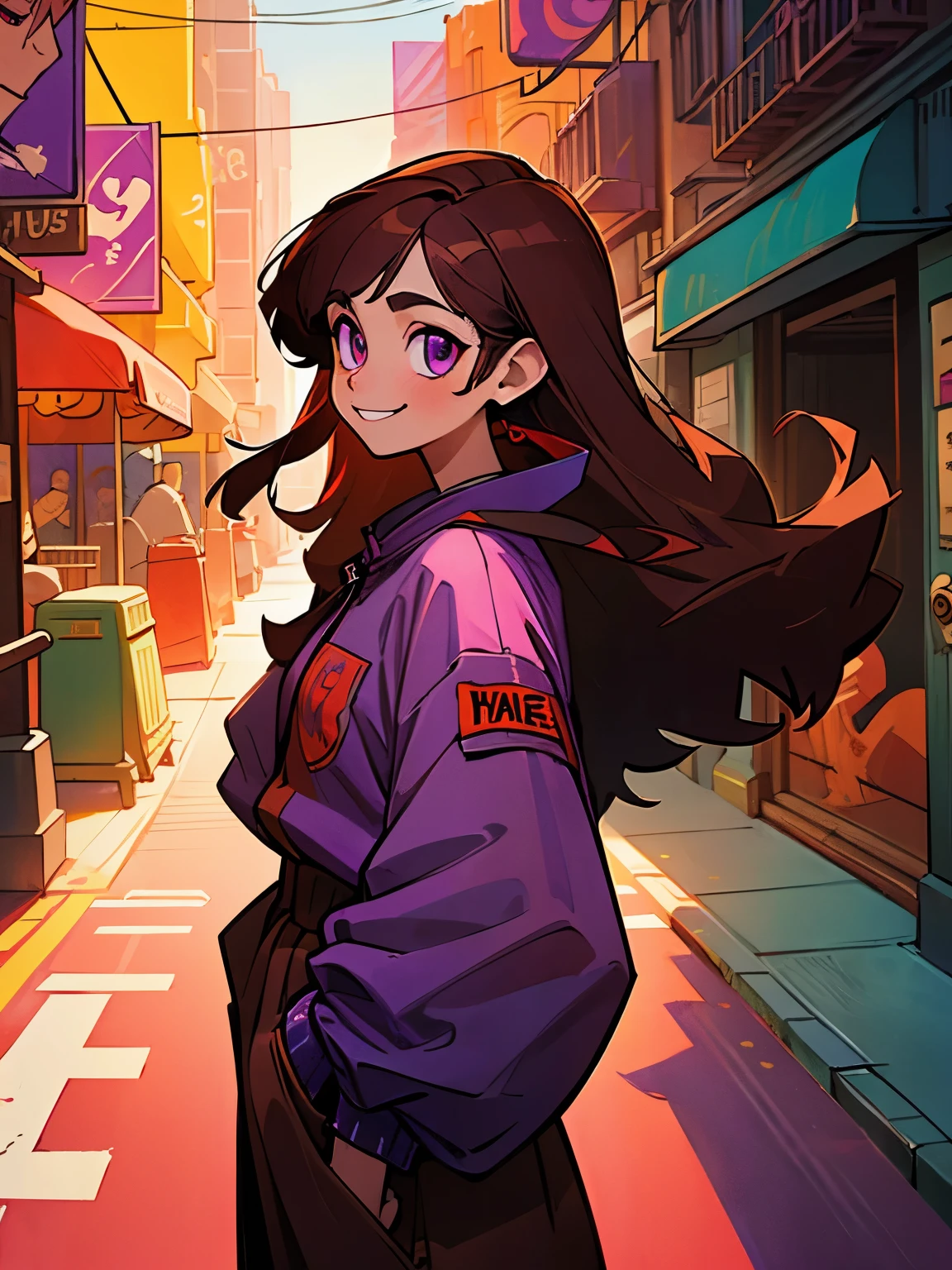 smile、Hip Hop Fashion、oversized clothes、High level image quality、Brown hair long hair、red-purple eyes、Back alleys in New York、In front of a classic design cafe、street art clothing、dark tone, Bright colors、bust up shot, delicate drawing、