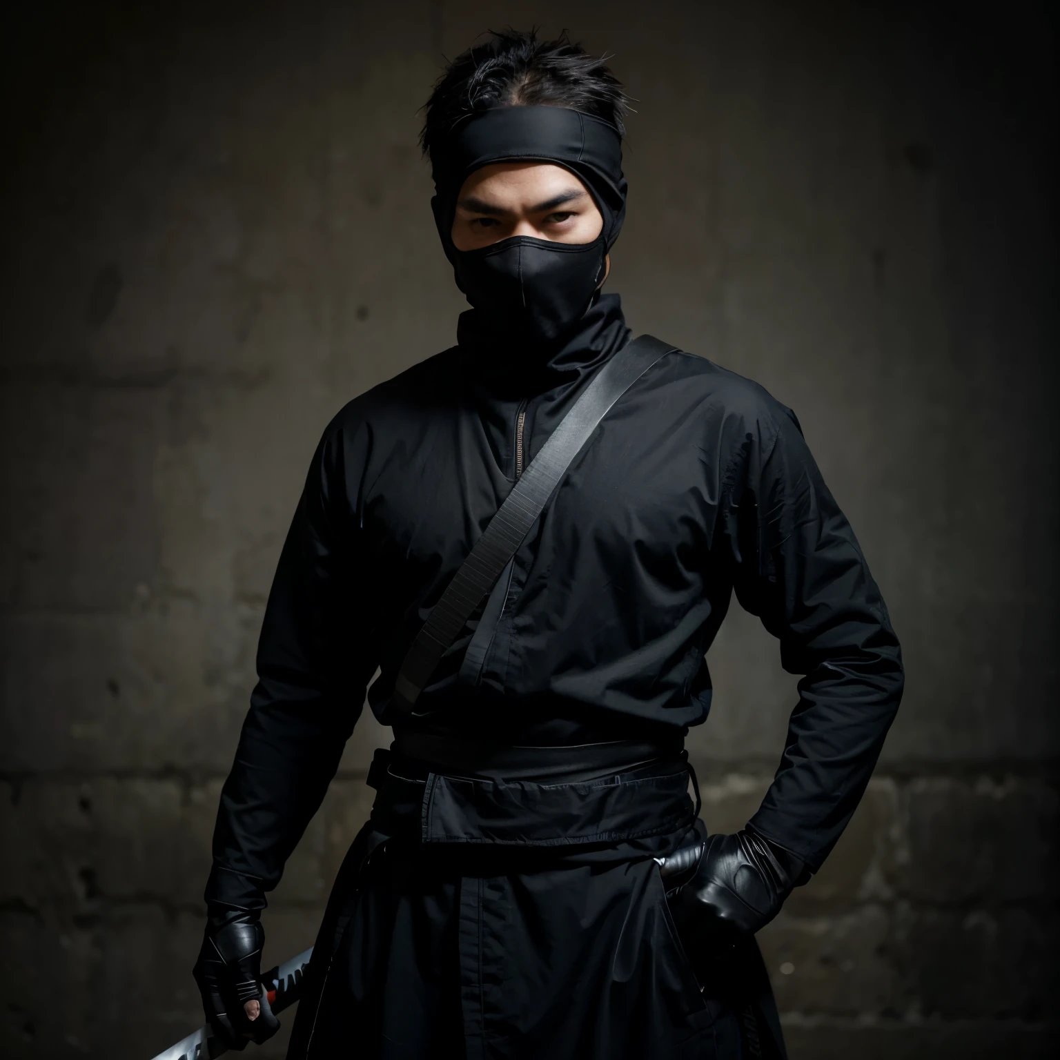 a masked ninja in black costume and a big Japanese katana in his hand is looking to his shoulder , ultra realistic, wide angle shot, 4k, highly detailed.