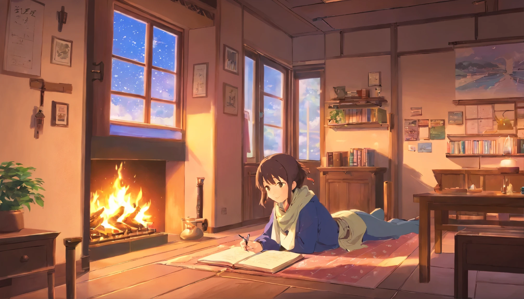 delicate and beautiful,(highest quality, super detailed, High resolution)biologically correct、cute,Animal-like ears、うさぎの耳をつけたcute女の子机に向かって勉強している姿、Beautiful indirect lighting、、sleepy eyes、cute部屋、stylish room、There is a fireplace、There are large windows、窓の外の景色をcuteナマケモノが見ている、Scarf、Letters praying for success on the wall、The fireplace is warm and makes you sleepy、night、sloth is on the ceiling、studying near the camera、holding a book in one hand、I also have a pen、Close to the camera