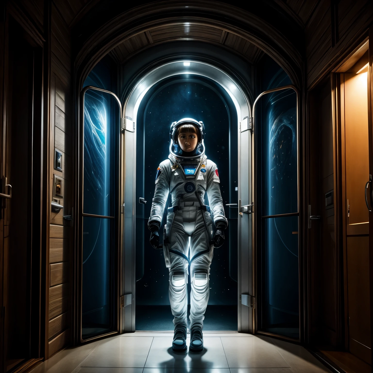 Forgotten Gateway of Time and Space, discharging from the Gateway frame, female astronauts in fitted space suits, standing near the door,