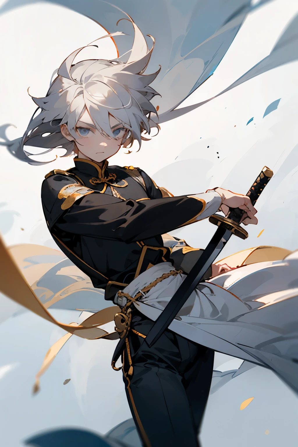 cute boy，Height one meter four，Hair is scattered，Carrying a long sword，Wearing Chinese black and white costume，Deep eyes，fair skin，One hand rests on the sword behind him，The figure is suspended in the air