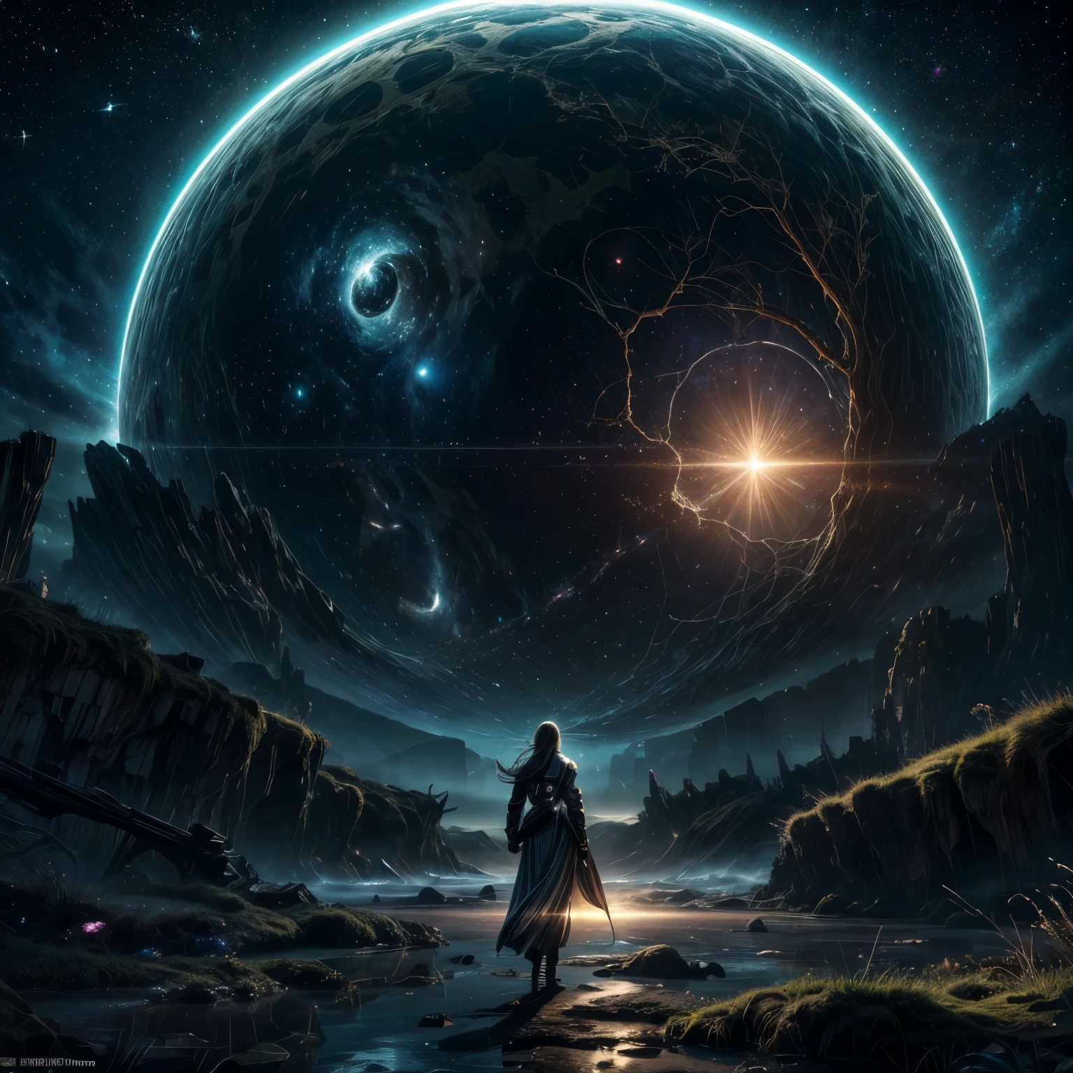 (best quality,4k,8k,highres,masterpiece:1.2),ultra-detailed,(realistic,photorealistic,photo-realistic:1.37),detailed expressions,ancient,cracked stone gate,illuminated from within,soft golden light,overgrown with ivy and moss,extraterrestrial world,otherworldly landscape,vibrant galaxies in the background,futuristic technology,mysterious,cosmic energy,exploring the unknown,void of emptiness,futuristic portal,harnessing the power of time and space,transcending dimensions,magical,scattered stardust,dreamlike atmosphere,elegance and grace,hovering in zero gravity,quiet anticipation,serene atmosphere,starlit night sky,limitless horizon,mesmerizing beauty,epic journey,awe-inspiring,magnificent,powerful forces of the universe.