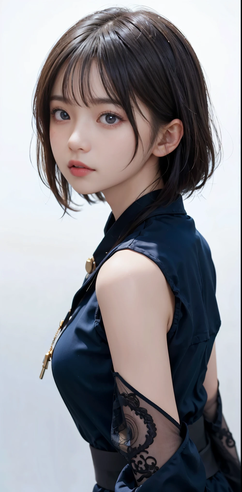 masterpiece, 1 beautiful girl, fine eyes, eye swelling, highest quality, Ultra High resolution, (reality: 1.4), Original photo, 1 girl, cinematic lighting, Japanese, asian beauty, Korean, so beautiful, beautiful skin, thin, the body is facing forward, (超reality的な), (High resolution), (8k), (very detailed), (best illustrations), (beautiful detailed eyes), (Super detailed), detailed face, looking at the viewer, look straight ahead, neat clothes, No sleeve, short hair, black hair, 46 point diagonal bangs, white background, Tidy room,