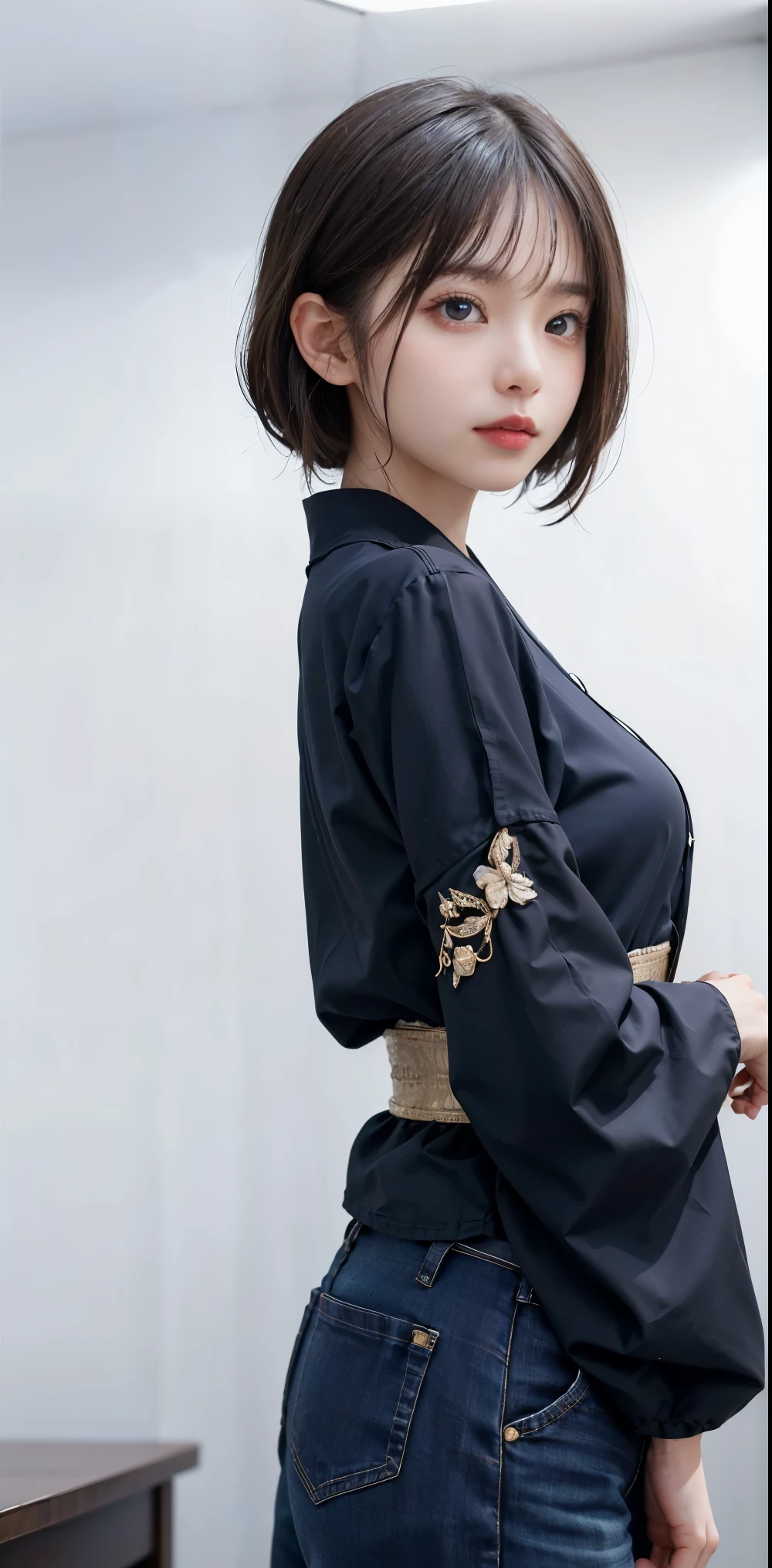 masterpiece, 1 beautiful girl, fine eyes, eye swelling, highest quality, Ultra High resolution, (reality: 1.4), Original photo, 1 girl, cinematic lighting, Japanese, asian beauty, Korean, so beautiful, beautiful skin, thin, the body is facing forward, (超reality的な), (High resolution), (8k), (very detailed), (best illustrations), (beautiful detailed eyes), (Super detailed), detailed face, looking at the viewer, look straight ahead, neat clothes, No sleeve, short hair, black hair, 46 point diagonal bangs, white background, Tidy room,