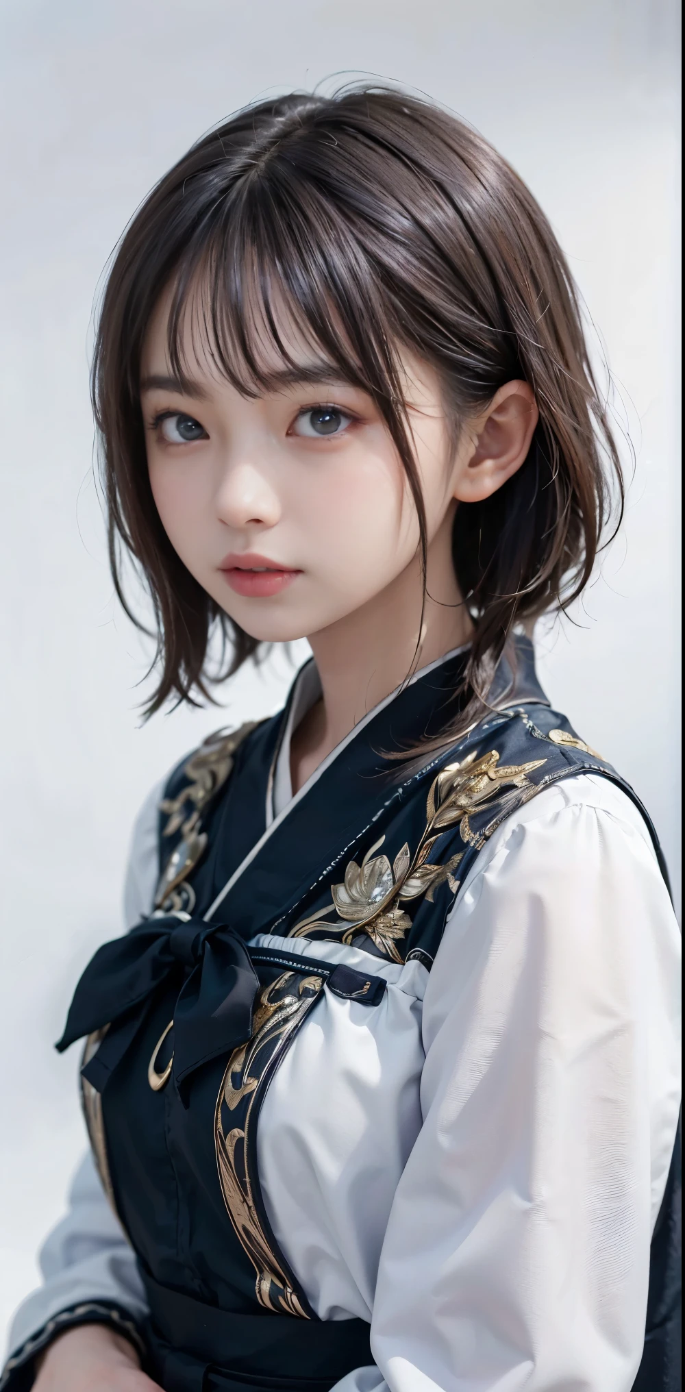 masterpiece, 1 beautiful girl, fine eyes, puffy eyes, highest quality, 超High resolution, (reality: 1.4), Original photo, 1 girl, cinematic lighting, Japan, asian beauty, super beautiful, beautiful skin, thin, body facing forward, (超reality的な), (High resolution), (8K), (very detailed), (best illustrations), (beautifully fine eyes), (Super detailed) , detailed face, looking at the viewer, look straight ahead, Wearing a blue robe or cloak, , short hair, black hair, 46 point diagonal bangs, Church based on white background tone, Neat atmosphere,