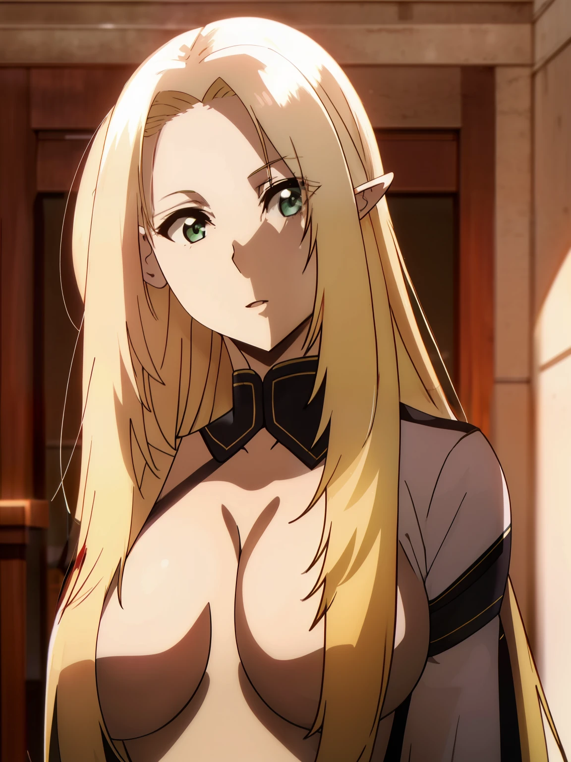 (8k, RAW photos, top quality, masterpiece: 1.2), (realistic, photorealistic: 1.37), (High Quality), (Ultra realistic), (High Details), (Face detail), (Shadow Detail), (Big breast : 1.3), 1 girl, (Mature Female), solo, Green eyes, Blonde hair, Elf Ears, Long hair, Pink Lips, Blush, (Ultra Face Detailed), Micro Bikini, Long Legs, (Wide Hips), Candid, Alpha - The Eminence in Shadow, (Hand detailed), FingersDetailed