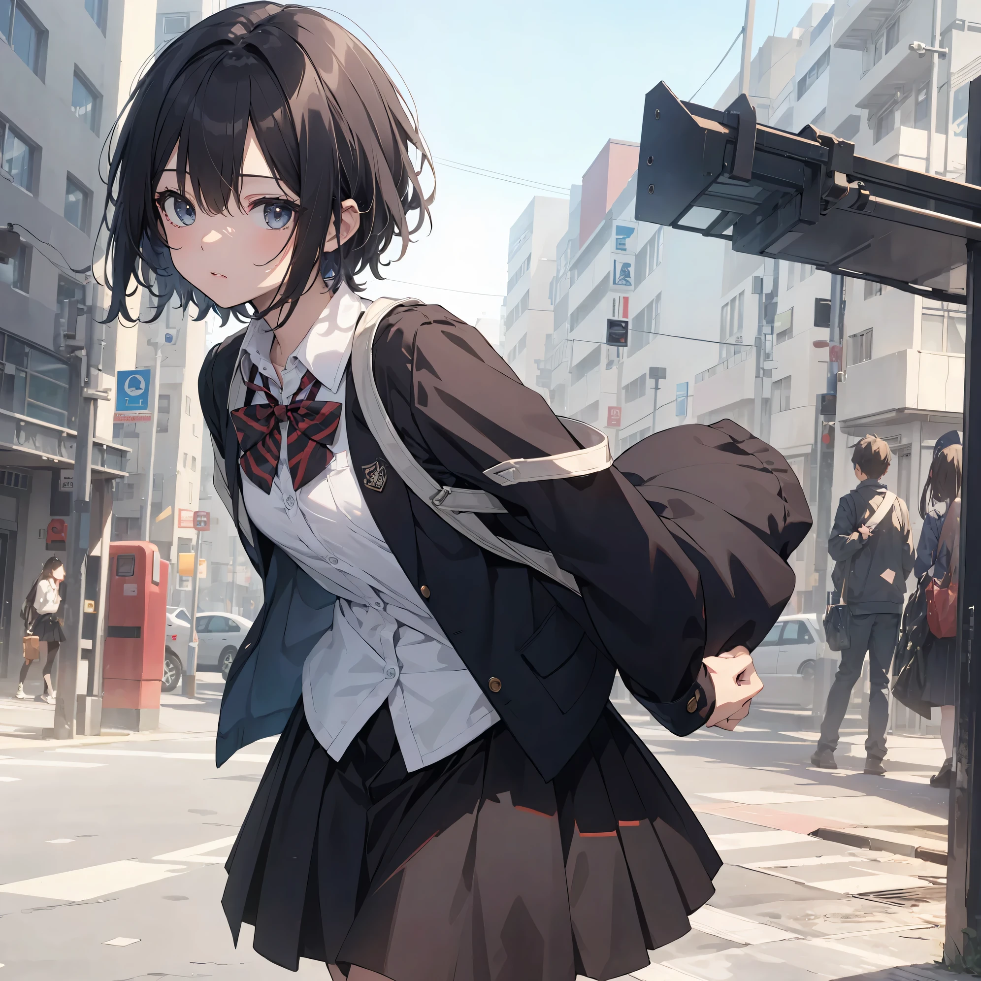 Super high quality by the art god, super detailed, High resolution, AI generated, anime moe art style, best anime 8K konachan wallpaper, pixiv contest winner, perfect anatomy, break,(眠そうにalone学校へ行く女の子を描いてください. ),break, surreal high school girl, (alone,ta, , 13 y),All limbs, full finger,, androgynous charm, (very short hair), messy hair, flat chest, Because I'm slender, small ass, between legs, Small black eyes, beautiful and fine eyes, Well-proportioned iris and pupils, disgusted eyes, High resolutionの詳細な髪, wearing school uniform, (skirt), On the way to school. break,super dense skin, Best lighting by famous artists, 8K, figure,UHD, rough skin