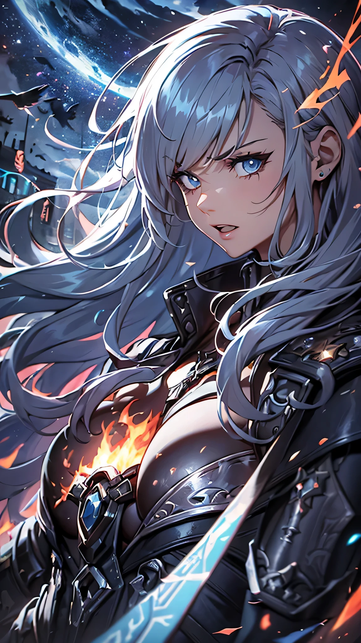 最high quality、best image quality、masterpiece、teenage girl((18-year-old、 By becoming、vest bust、medium bust,wide open breast tea、black eye, light blue hAria、Red mesh、long hAria、thin,highest valley、Red and blue dress、holding a red sword in his right hand、Glowing red wings,Aria、splatters、slash pose、scream、He holds a red sword in his left hand.、angry face、leaning forward)),high quality、beautiful art、background((outer space、battlefield、Burning Town、fire、inflammation、A large number of missiles rain down))瓦礫がsplatters、Depth of written boundary、movie、visual art、perfect art、8K,genuine