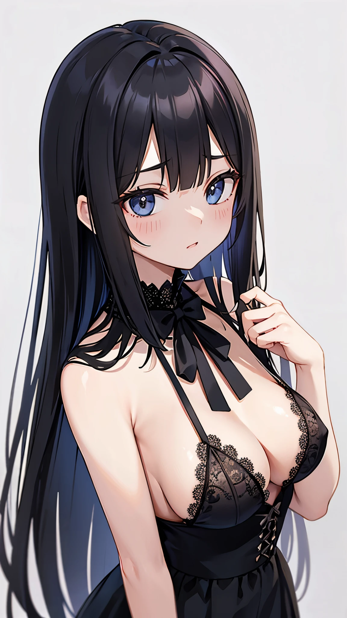 long black hair、Detailed black lace lingerie、pure white background