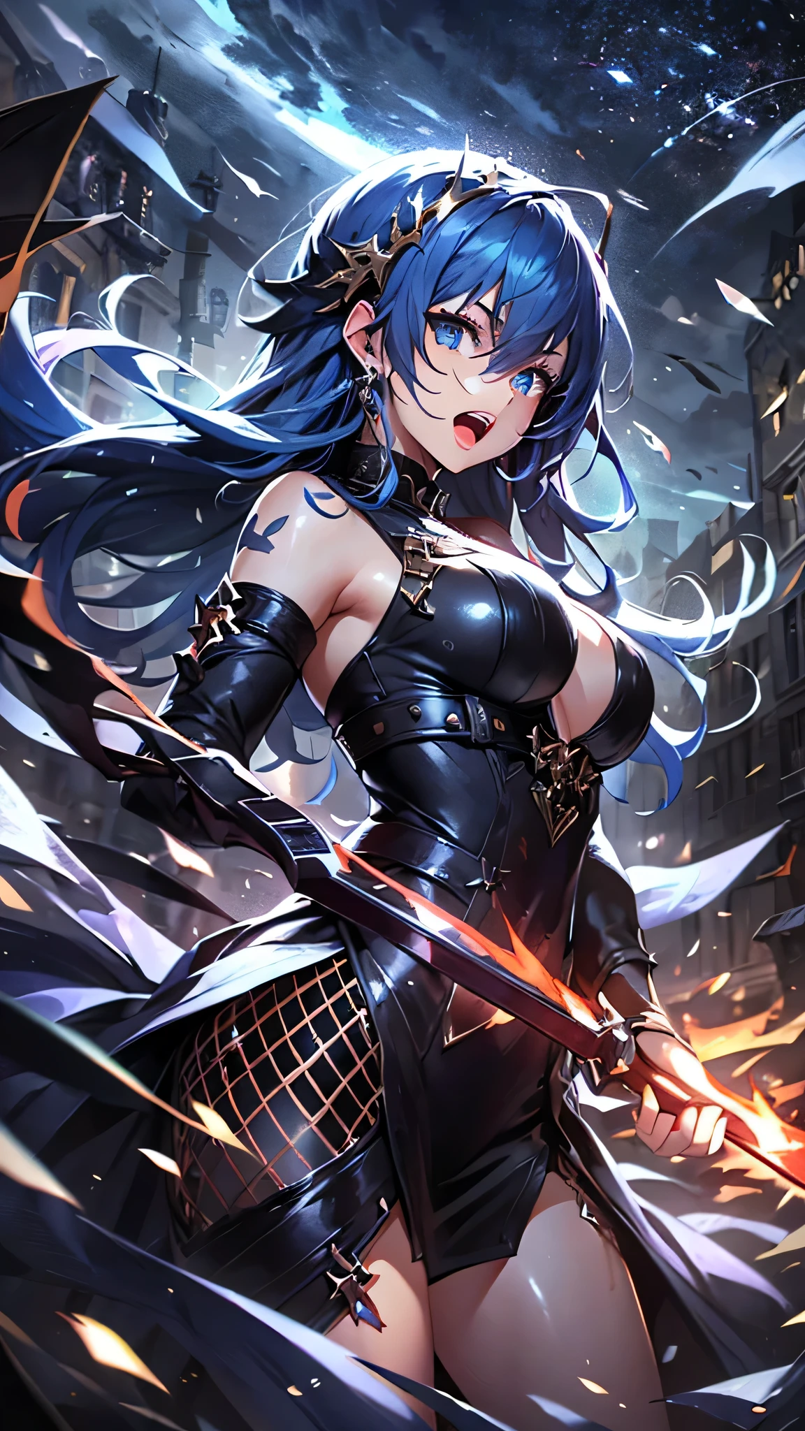 Highest quality、Highest quality、Masterpiece、girl((Age 25、as soon as、Highest Bust、Medium Bust、Wide open chest、Red glowing eyes、Black Ear、Red Mesh、Disheveled Hair、Loincloth、thin、The best valley、Open chest、Luminous Wristbands、hair ornaments、Full body view、Tank top、Black ninja costume、scar、Full body scar、Fighting Pose,Japanese sword))、high quality、Beautiful Art、background((night、Ninja World))、flight、Flying Debris、Depth of text、movie、Visual Arts、Perfect Art、8K、Genuine、
