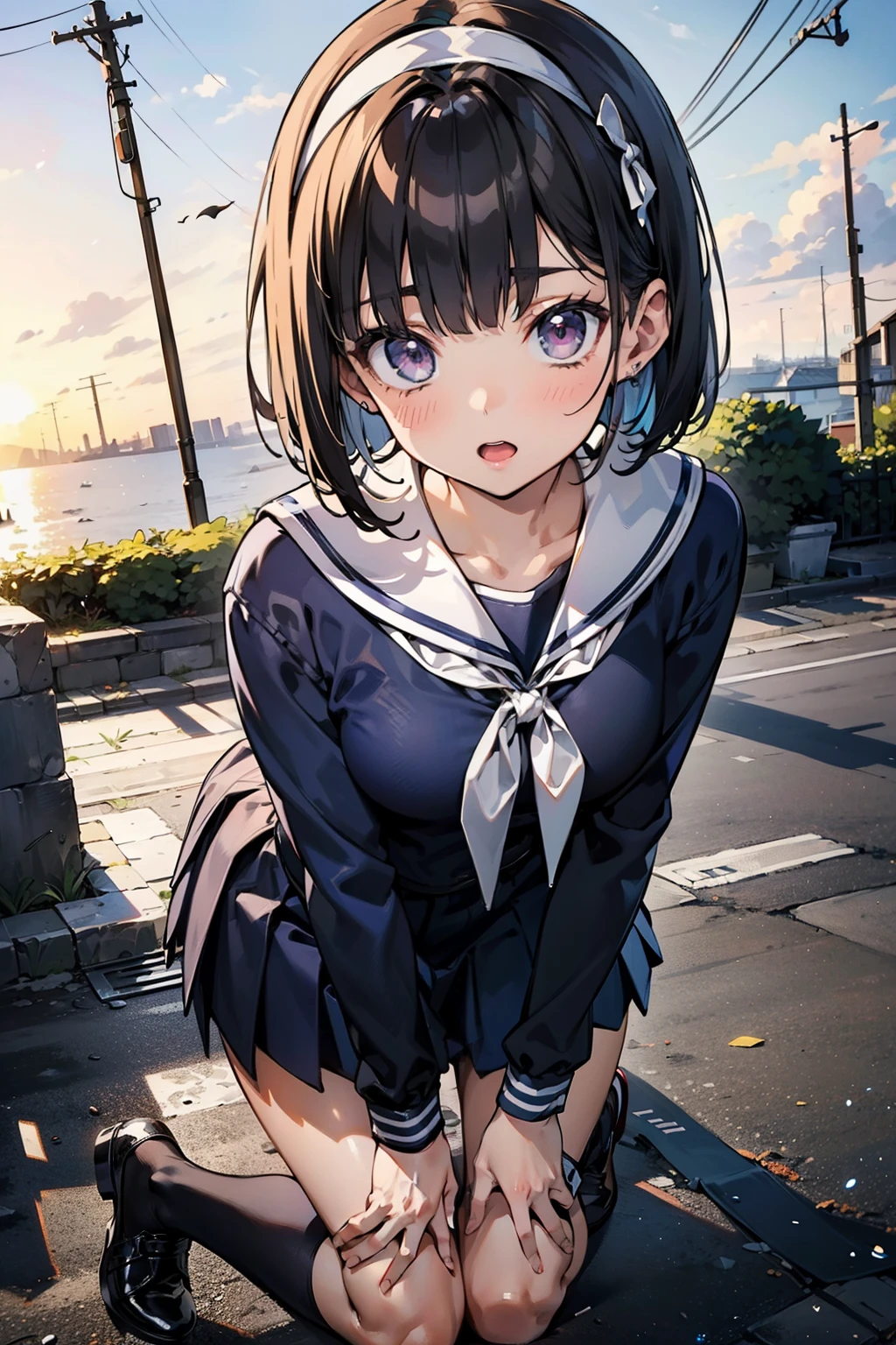 body 8 times longer than head, (Highly detailed CG unity 8k), (highest quality),(very detailed),(ultra high resolution), black hair, High school girl wearing a navy sailor suit, Anime 2D rendering, realistic young anime high school girl, ((White headband)), purple eyes, small breasts, tall, slanted eyes, (school scenery), black stockings, bright color, open your mouth, Dark blue skirt, bob cut, position looking down from above, tripping on the right foot, lean forward, bend your knees, sit, Put your butt on the ground, pose of looking back, jump,