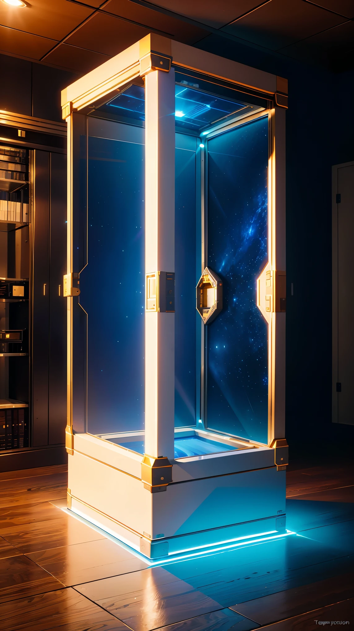 (highest quality, 4k, High resolution:1.2), Inorganic room, server room, square box placed on a pedestal, the top of the box is open, square time storage, Oparts, A clean room with no dust, Light is overflowing from inside the box, LED lighting light, Mechanical box with a slight glow, cross eternal time,A safe that transcends dimensions, Spatial distortion, mysterious aura, Hidden secrets, fantasy art,