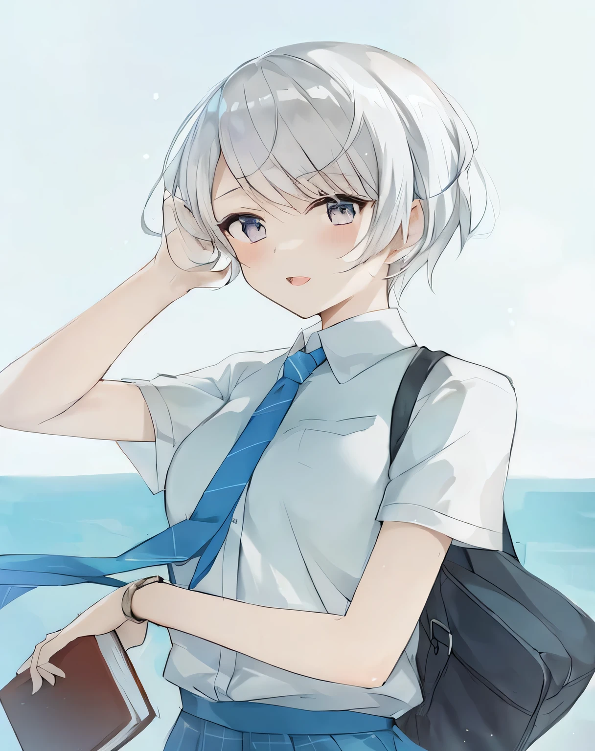 anime white hair girl and blue tie holding a book, White short hair girl, Anime visual of a cute girl, Kaoru Nagisa, white hair girl, young anime girl, 完美的white hair girl, anime visual of a young woman, an anime girl, Smooth anime CG art, Attractive anime girl, Beautiful anime high school girl, Silver-haired girl