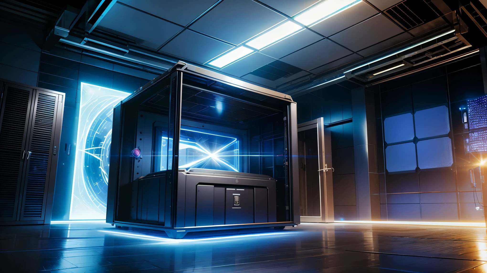 (highest quality, 4k, High resolution:1.2), Inorganic room, server room, square box placed on a pedestal, the top of the box is open, square time storage, Oparts, A clean room with no dust, Light is overflowing from inside the box, LED lighting light, Mechanical box with a slight glow, cross eternal time,A safe that transcends dimensions, Spatial distortion, mysterious aura, Hidden secrets, fantasy art,