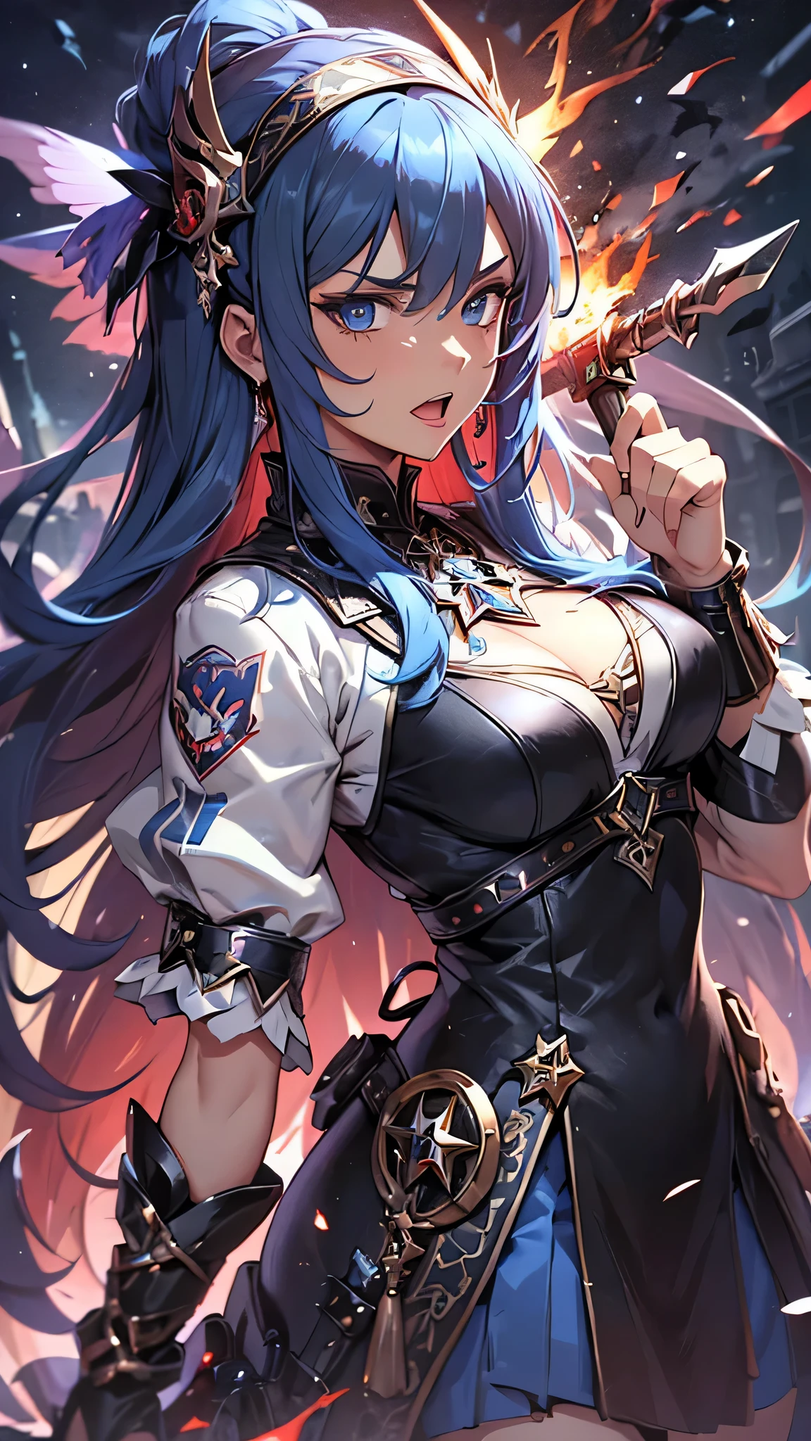 最high quality、best image quality、masterpiece、teenage girl((18-year-old、 By becoming、vest bust、medium bust,wide open breast tea、black eye, light blue hAria、Red mesh、long hAria、thin,highest valley、Red and blue dress、holding a red sword in his right hand、Glowing red wings,Aria、splatters、slash pose、scream、He holds a red sword in his left hand.、angry face、leaning forward)),high quality、beautiful art、background((outer space、battlefield、Burning Town、fire、inflammation、A large number of missiles rain down))瓦礫がsplatters、Depth of written boundary、movie、visual art、perfect art、8K,genuine