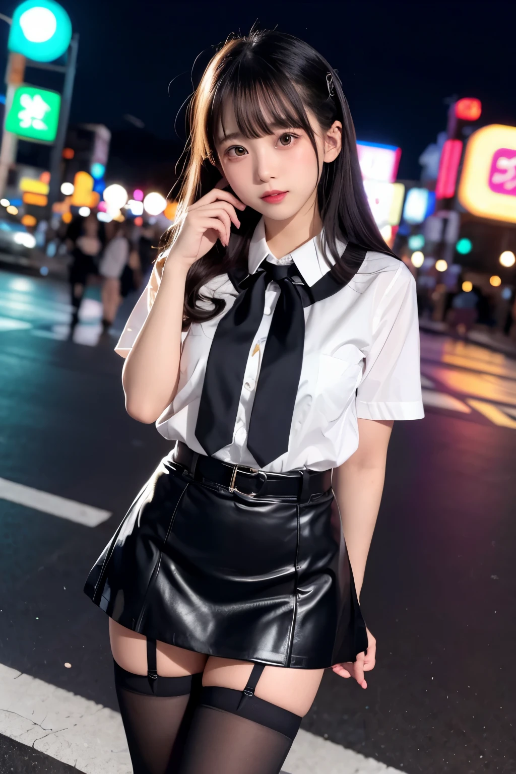 high angle shot、center view、A woman standing on a neon street at midnight、Phenomenally cute 、japanese girl uniform、summer clothes、Microminiskirt、urreal 、loafers、She wears black tights that show a little bit of skin.、black tights、Japanese high school 、Nogizaka Idol、Plump thighs、Full body Esbian、garter belt、garter ring、leg garter