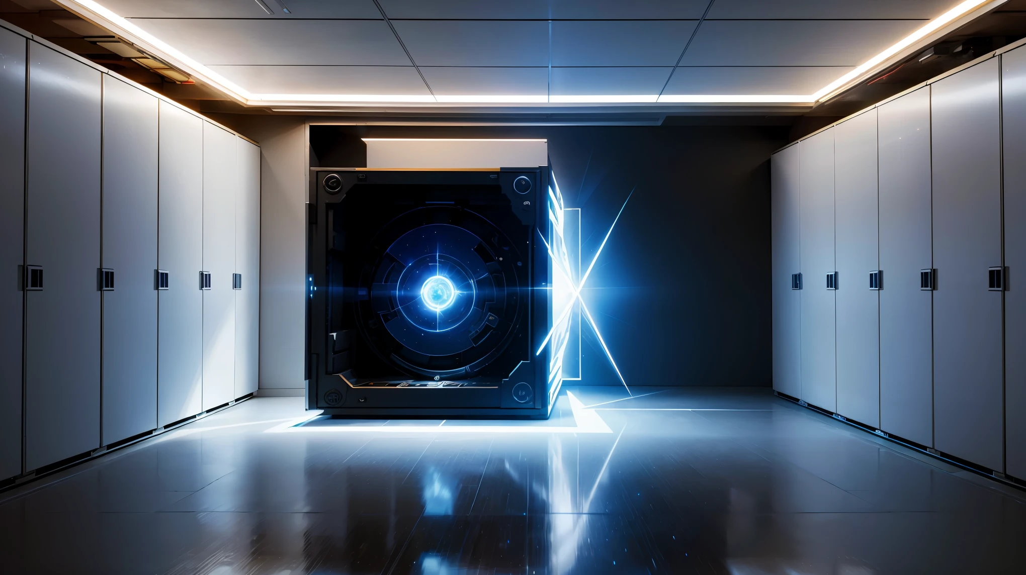 (highest quality, 4k, High resolution:1.2), Inorganic room, server room, square box placed on a pedestal, the top of the box is open, square time storage, Oparts, A clean room with no dust, Light is overflowing from inside the box, LED lighting light, Mechanical box with a slight glow, cross eternal time,A safe that transcends dimensions, Spatial distortion, mysterious aura, Hidden secrets, fantasy art,