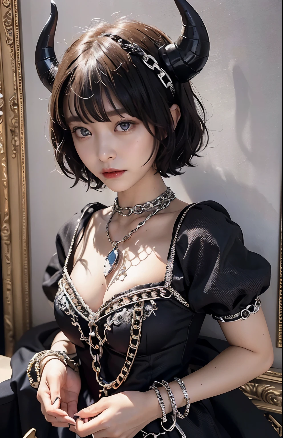 ((highest quality))、(masterpiece:1.3)、(Highest image quality)、(highest resolution)、sharp、devil princess、(perfect body beauty:1.3)、(black dress:1.3)、(night scene:1.6)、(chain:1.3)、Highly detailed face and skin texture、small face、(short hair:1.5)、(cute woman:1.3)、Big eyes、necklace、bangs、((one woman))、((Obscene dresses))、(handcuffs:1.3)、bracelet、(chain collar:1.3)、ring、(chain accessories:1.4)、restrained、(restrain with chains:1.4)、(fall to the dark side:1.4)、(temptation)、down-slanting eyebrows、tied up、(Fantasy Castle:1.4)、palace、((lure))、(The Devil's Wife:1.4)、bracelet、cleavage、side boob、dark room、(Demonic world:1.3)、((hell))、(princess of hell:1.3)、(devil horn)，((red cheeks))、