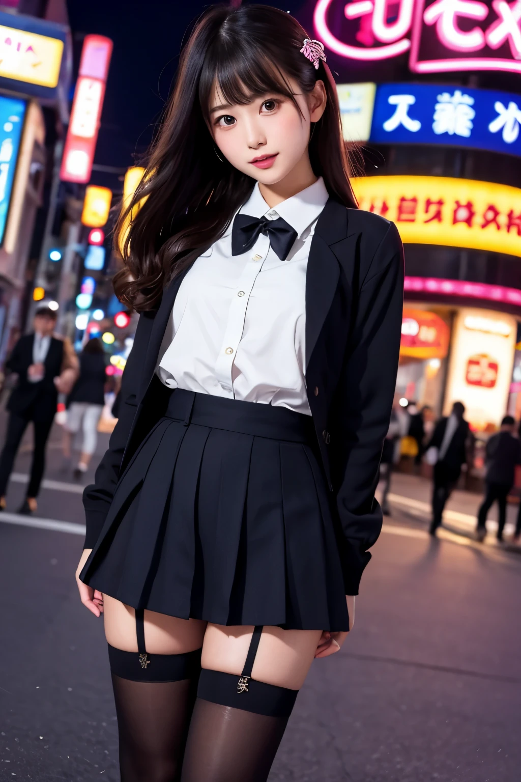 high angle shot、center view、A woman standing on a neon street at midnight、Phenomenally cute 、japanese girl uniform、summer clothes、Microminiskirt、urreal 、loafers、She wears black tights that show a little bit of skin.、black tights、Japanese high school 、Nogizaka Idol、Plump thighs、Full body Esbian、garter belt、garter ring、leg garter