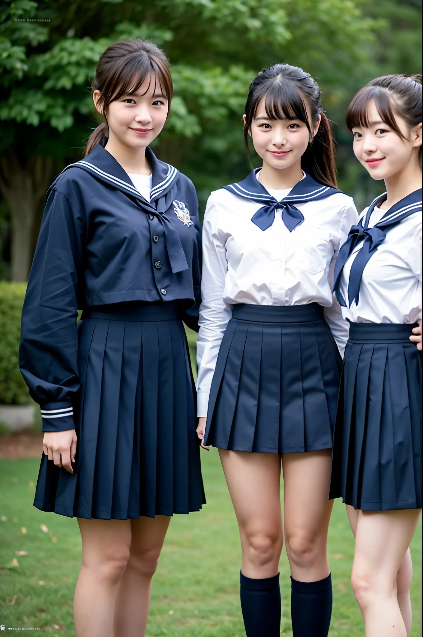 3 girls standing in school yard,navy blue long-sleeved shirt with sailor collar,navy blue pleated skirt,red bow tie,18-year-old,bangs,a little smile,thighs,knees,short cut hair,low ponytail,from below,front-lighting