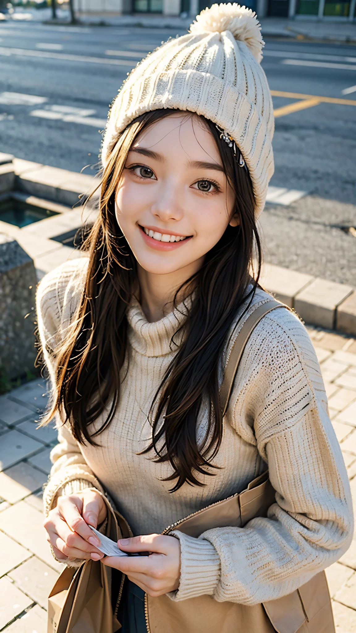 highest quality, masterpiece, ultra high resolution, (realistic:1.4), (portrait facing each other) RAW photo, 1 girl, 18-year-old,((winter school uniform)),((Knit hat and muffler)),((Hold out a paper bag containing a gift to the viewer with both hands.)),((looking up at the viewer)),(blush),masterpiece, realistic pictures, saturation, contrast, ((small breasts)),((smile showing teeth)),short hair,