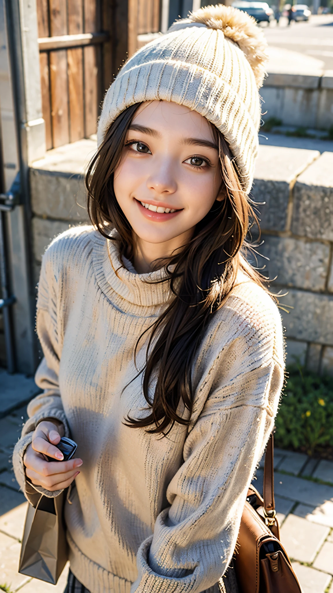 highest quality, masterpiece, ultra high resolution, (realistic:1.4), (portrait facing each other) RAW photo, 1 girl, 18-year-old,((winter school uniform)),((Knit hat and muffler)),((Hold out a paper bag containing a gift to the viewer with both hands.)),((looking up at the viewer)),(blush),masterpiece, realistic pictures, saturation, contrast, ((small breasts)),((smile showing teeth)),short hair,