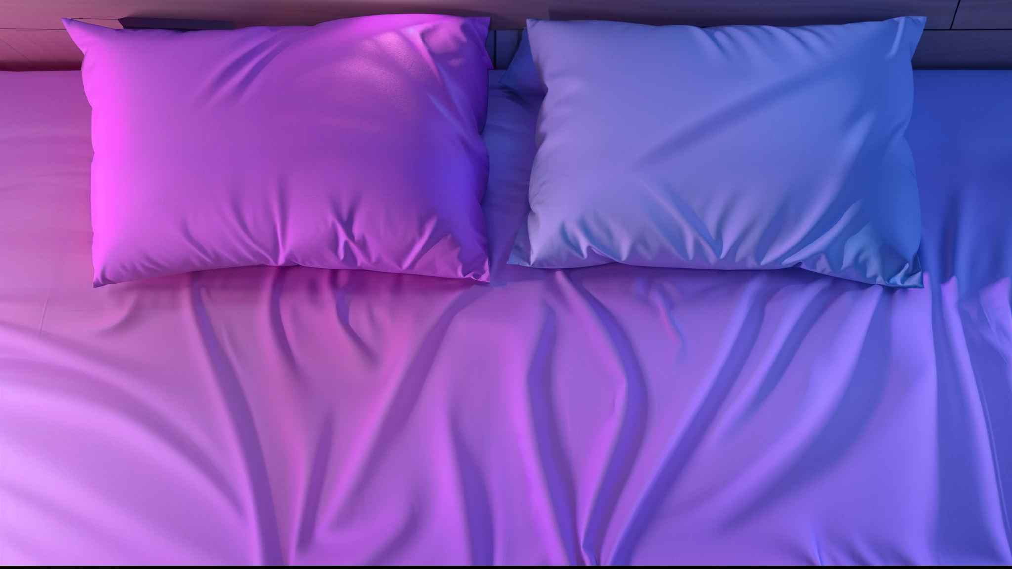 top view of purple and blue pillows on a bed with a wooden headboard, 3d render cartoon style, 3d, realistic, 4k, high resolution, purple ambient light, purple volumetric lighting, bedroom background, bed, purple and blue colored, purple and pink, soft calm warm neon atmosphere, soft neon purple lighting, purple color lighting, pink and purple, soft neon atmosphere