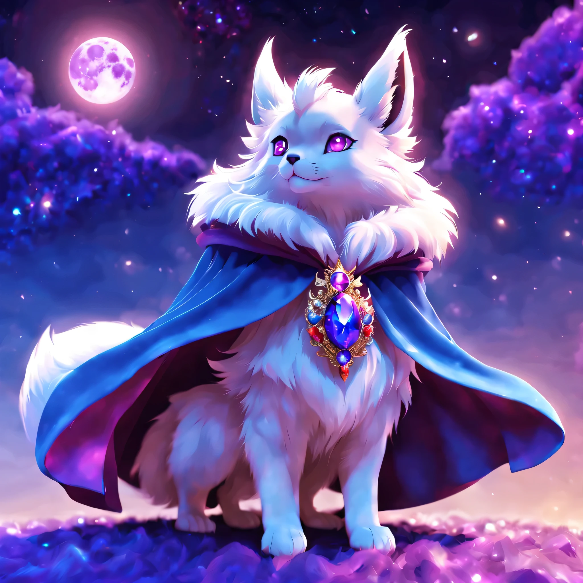 pal world nox,whole body,((blue fur)),(purple short cloak),brooch:head of state:purple gem,animal,cute,red eyes,masterpiece,beautiful light and shadow,Cast colorful spells,rich colors,3D,8K,nice,be familiar with,Night sky background,moon,,magical lights,magic effect